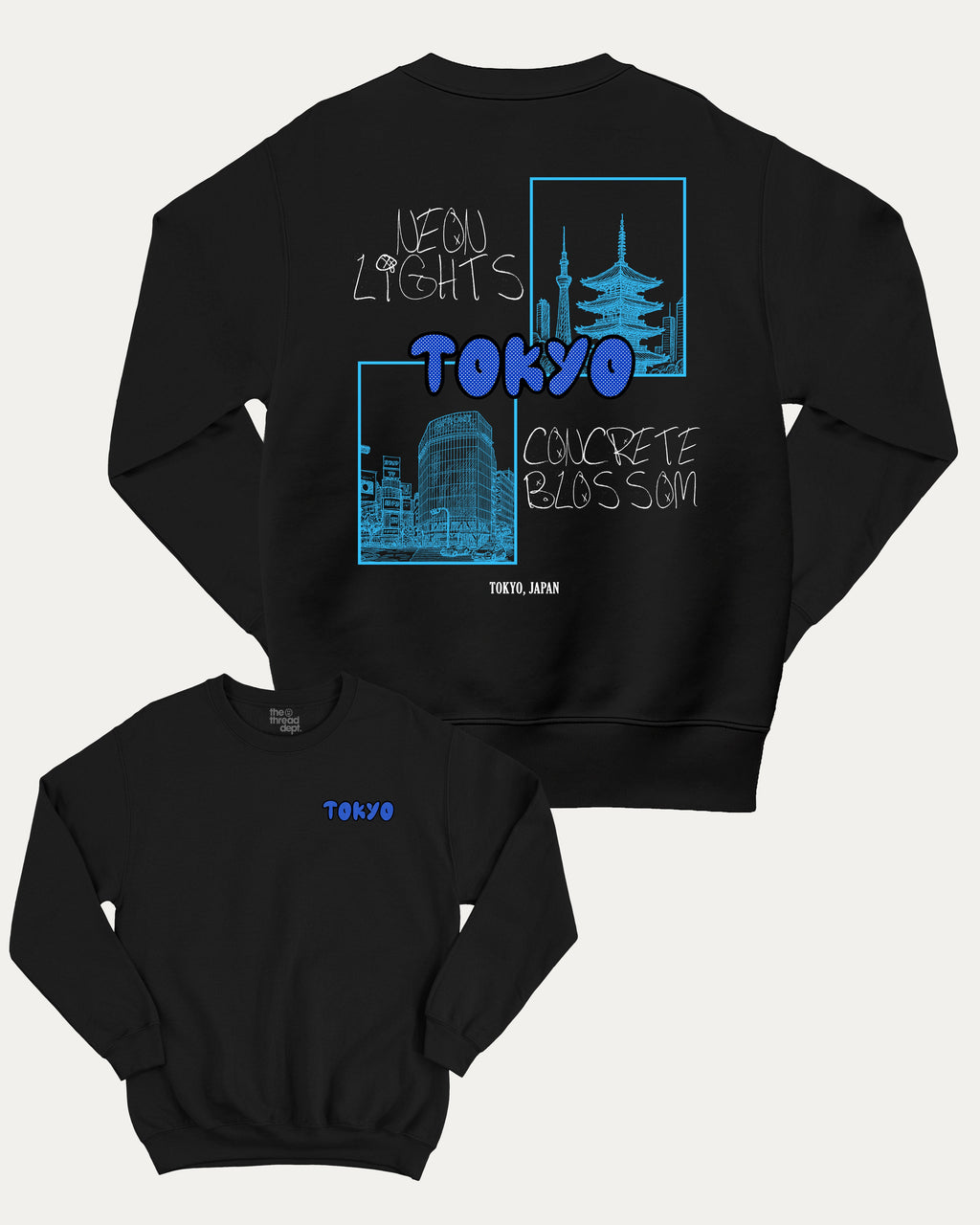 Tokyo graphic sweatshirt with street mood tokyo graphic, warm and cozy graphic for everyday wear. Perfect for adults and gift-giving. Black pullover.