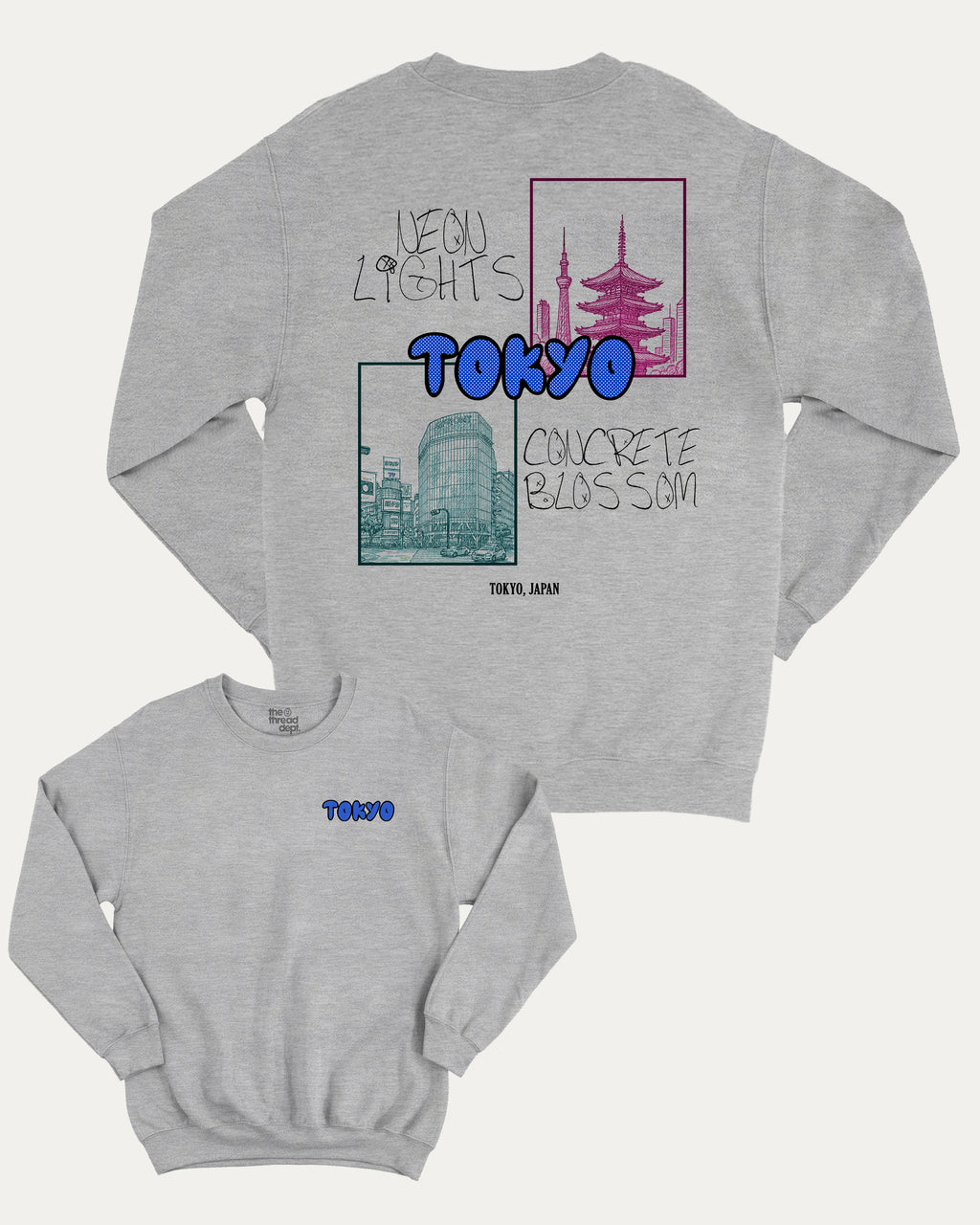 Tokyo graphic sweatshirt with street mood tokyo graphic, warm and cozy graphic for everyday wear. Perfect for adults and gift-giving. Heather Grey pullover.