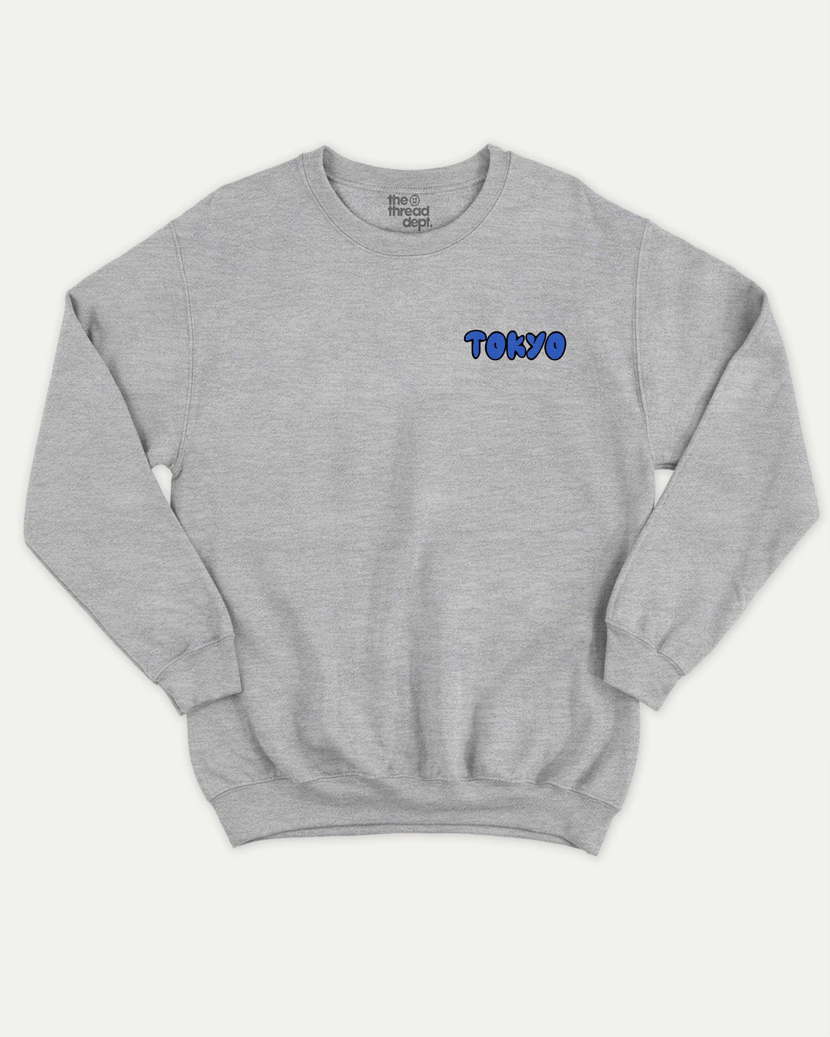 Tokyo graphic sweatshirt with street mood tokyo graphic, warm and cozy graphic for everyday wear. Perfect for adults and gift-giving. Heather Grey pullover.
