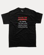 Back To School Not Sleeping graphic t-shirt, perfect for students and teacher. A must-have funny tee, trending meme shirt, unique gift idea. Black.