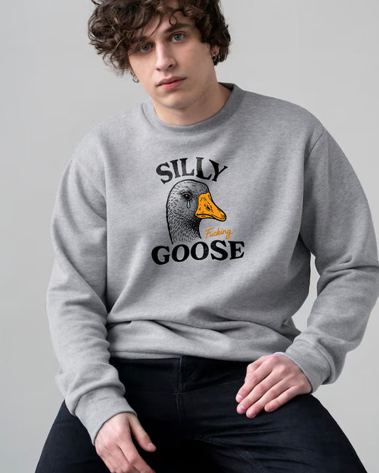 Person wearing a gray sweatshirt with 'Silly Goose' graphic design.