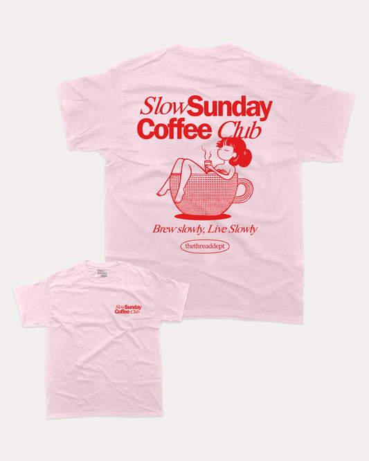 Slow Sunday Coffee Club - Graphic Tee - TheThreadDept Food Graphic Tee Coffee Graphic T Shirt Vintage Retro T shirt Pink back