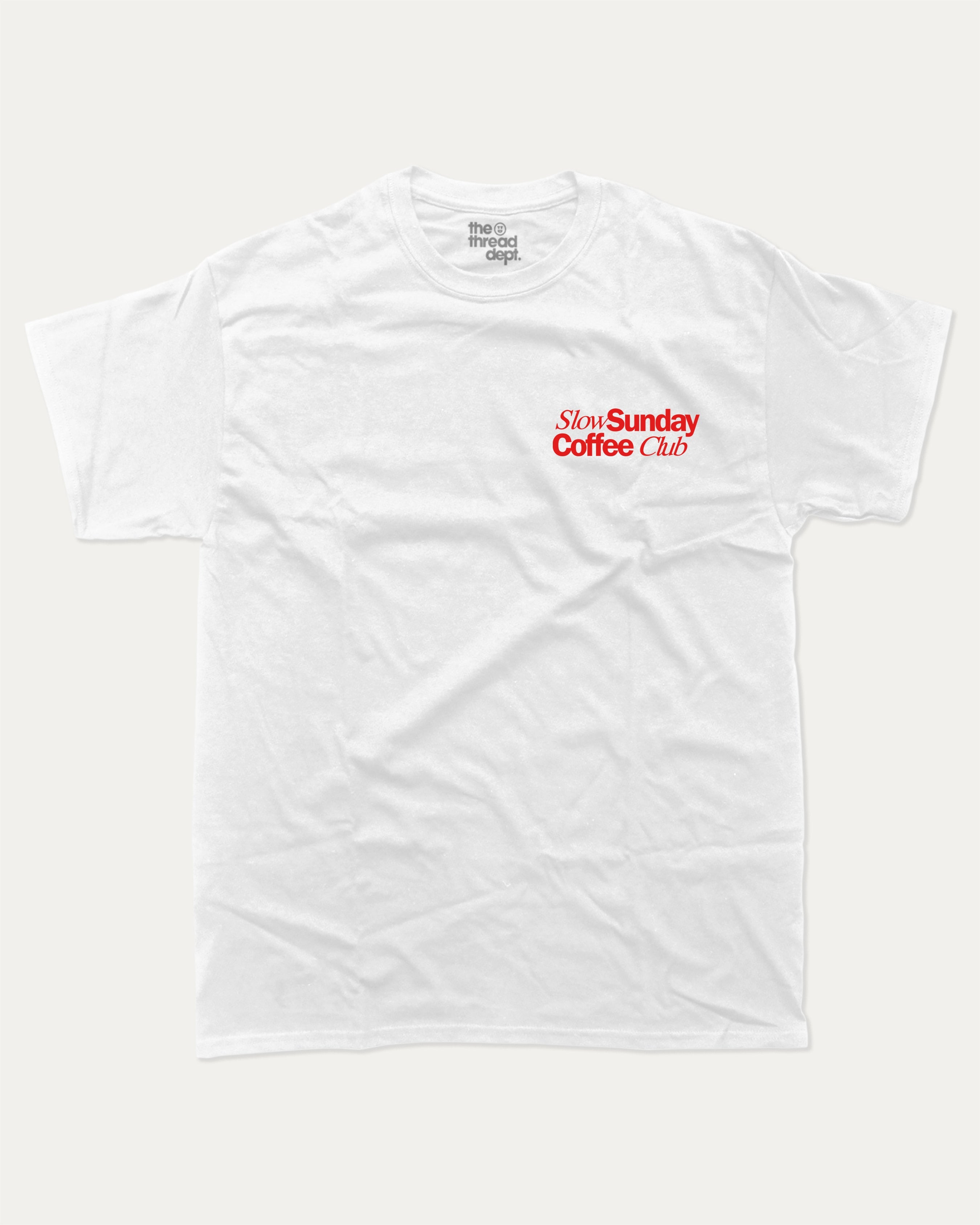 Slow Sunday Coffee Club - Graphic Tee - TheThreadDept Food Graphic Tee Coffee Graphic T Shirt Vintage Retro T shirt White Front