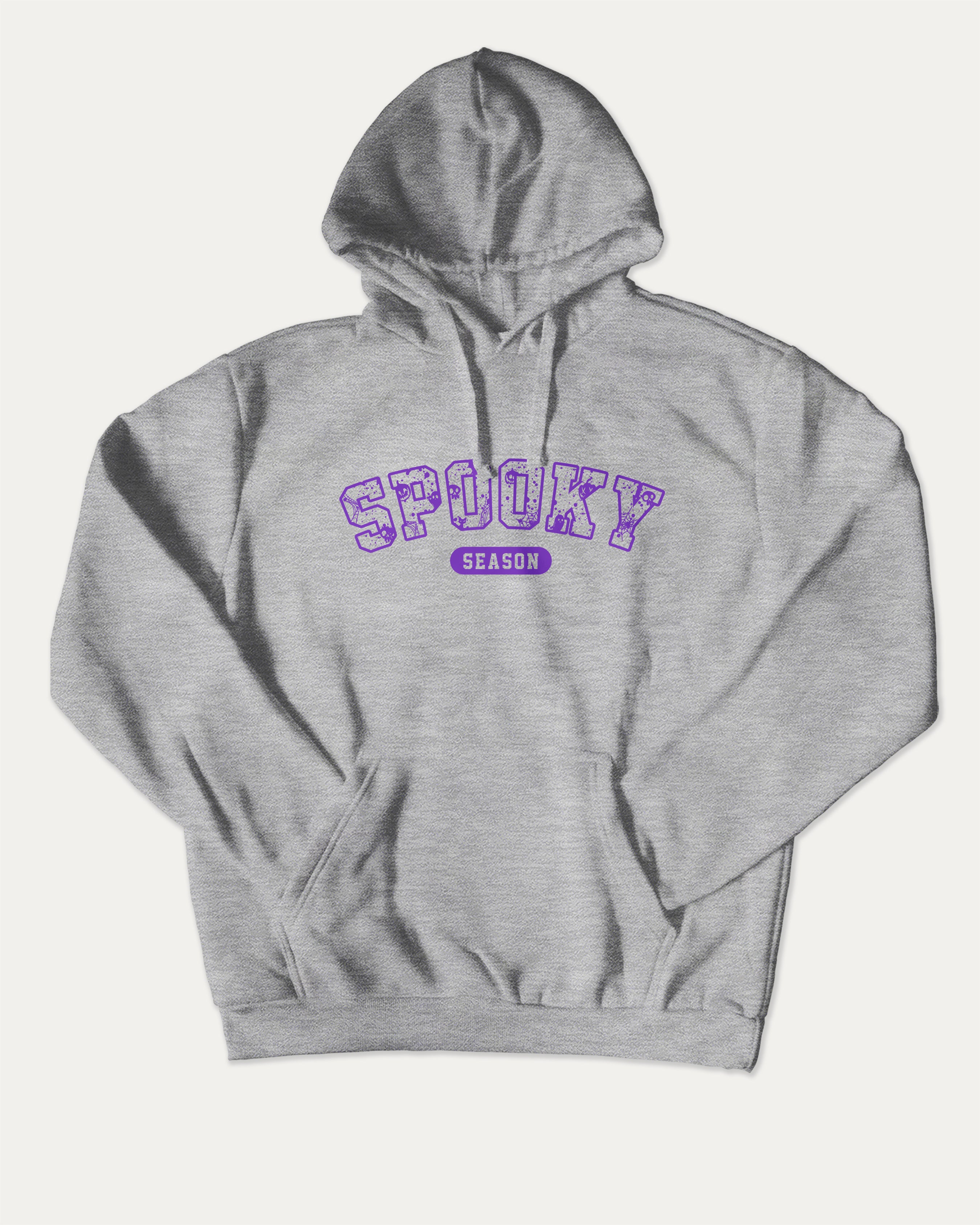 Spooky Season graphic hoodie with retro and trendy artwork, casual streetwear with bold personality. Great for adults and gifting. Heather Grey hoodie.