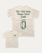 19th Hole Happy Hour Club graphic t-shirt, Funny golf graphic t-shirt, retro golf tee, casual golf wear. Cream.
