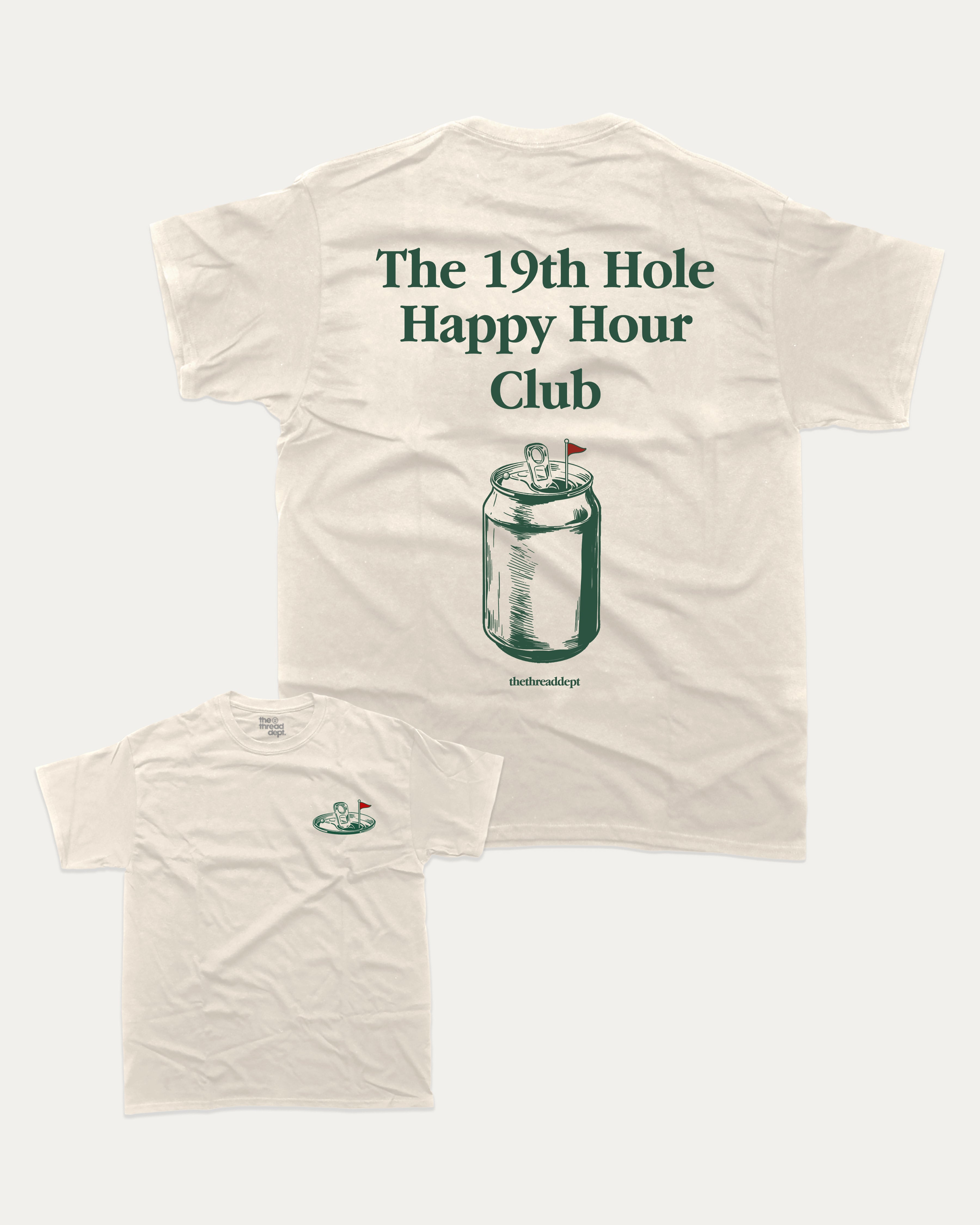 19th Hole Happy Hour Club graphic t-shirt, Funny golf graphic t-shirt, retro golf tee, casual golf wear. Cream.