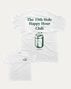 19th Hole Happy Hour Club graphic t-shirt, Funny golf graphic t-shirt, retro golf tee, casual golf wear. White.
