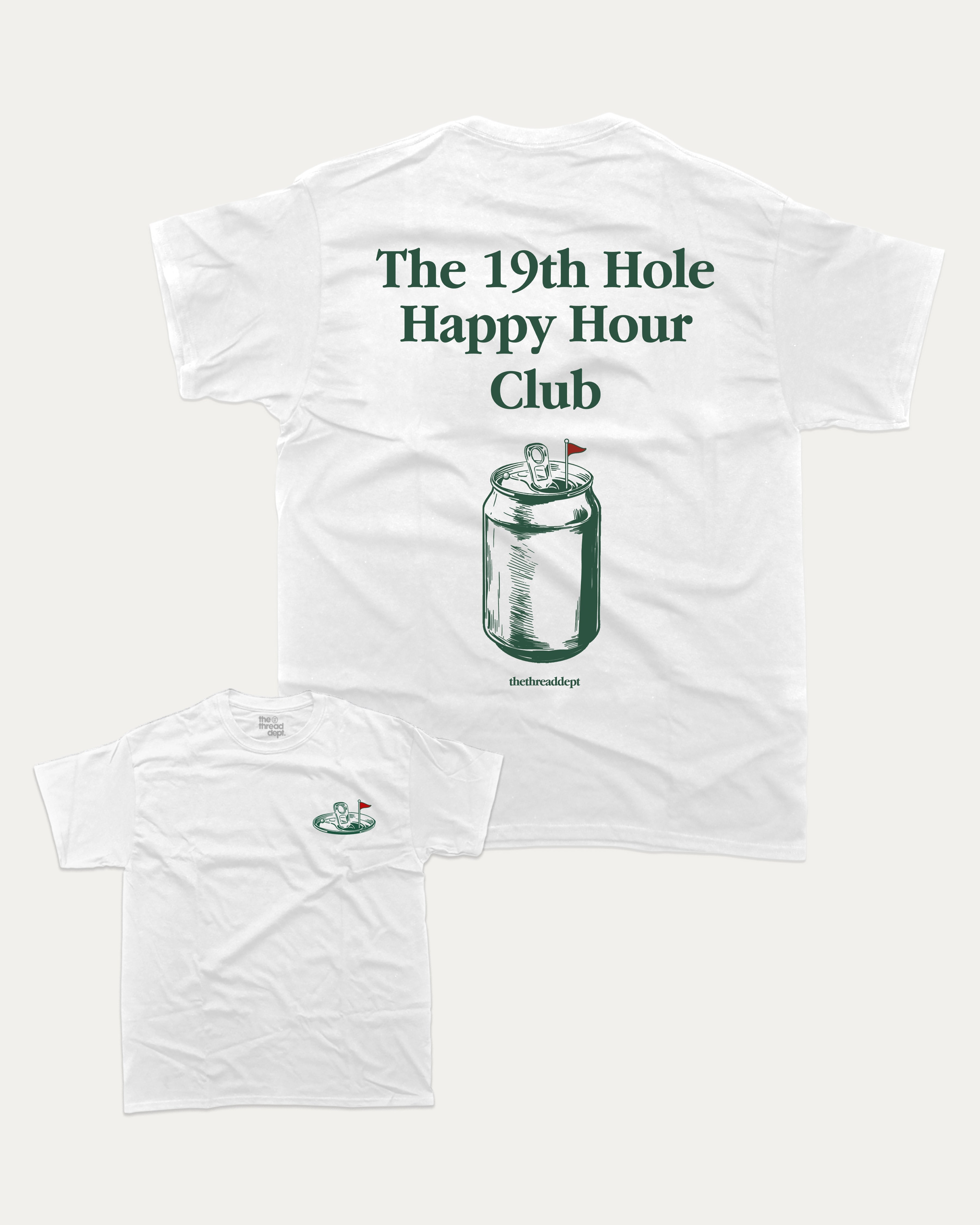19th Hole Happy Hour Club graphic t-shirt, Funny golf graphic t-shirt, retro golf tee, casual golf wear. White.