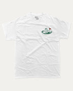 19th Hole Happy Hour Club graphic t-shirt, Funny golf graphic t-shirt, retro golf tee, casual golf wear. White.