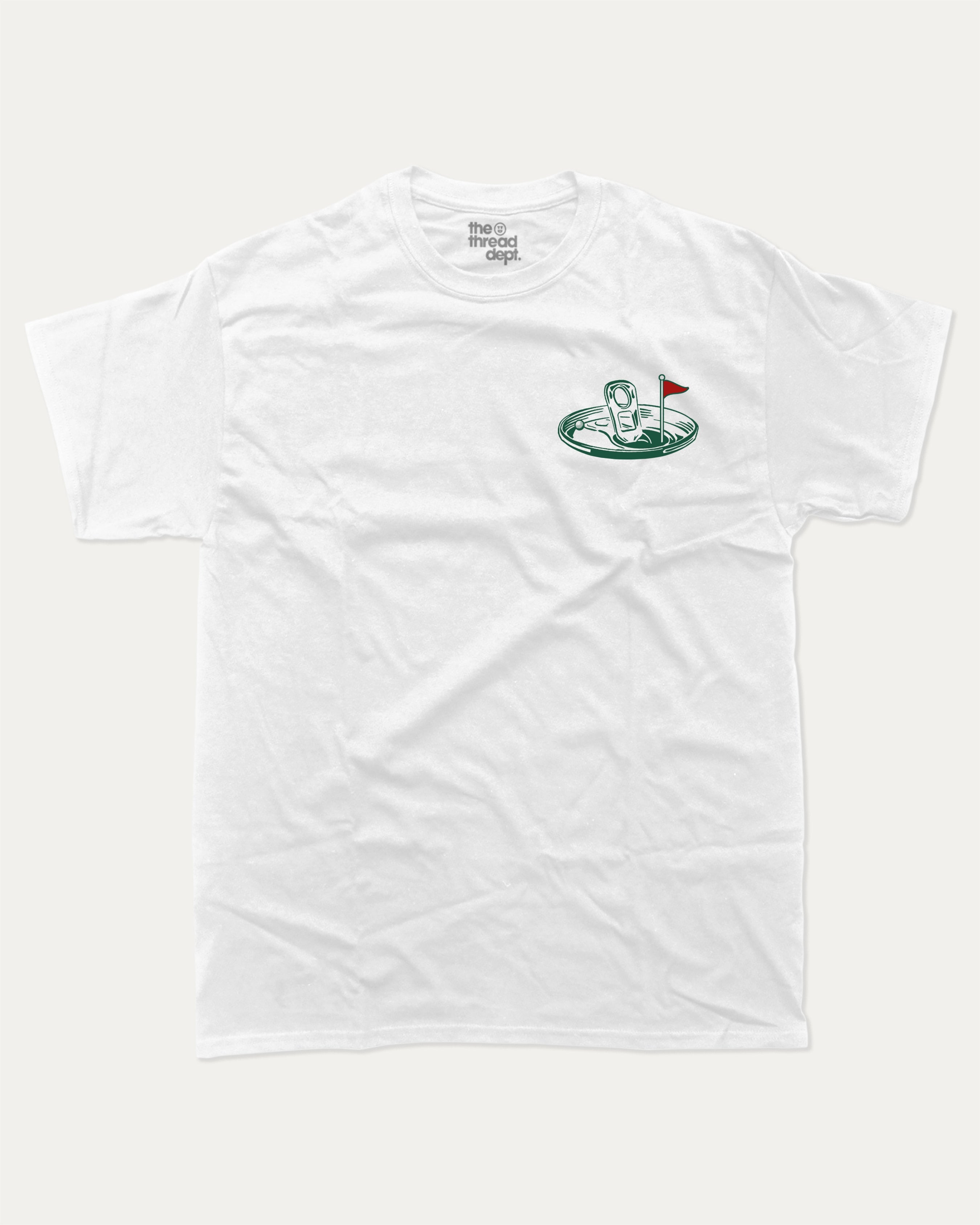 19th Hole Happy Hour Club graphic t-shirt, Funny golf graphic t-shirt, retro golf tee, casual golf wear. White.