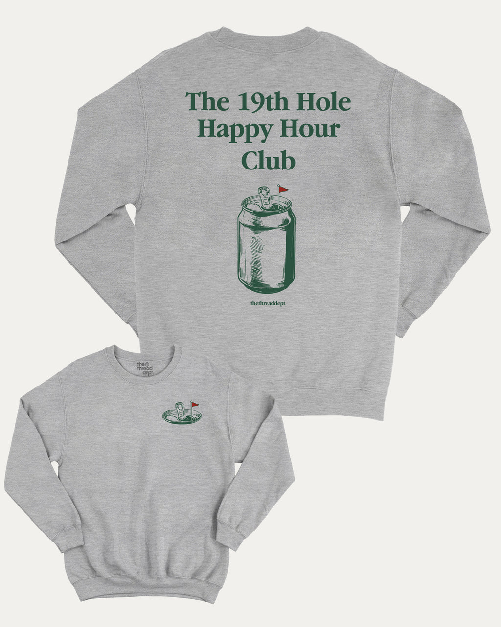 19Th Hole Happy Hour Club graphic sweatshirt with humor golf graphic, warm and cozy graphic for everyday wear. Perfect for adults and gift-giving. Heather Grey pullover.