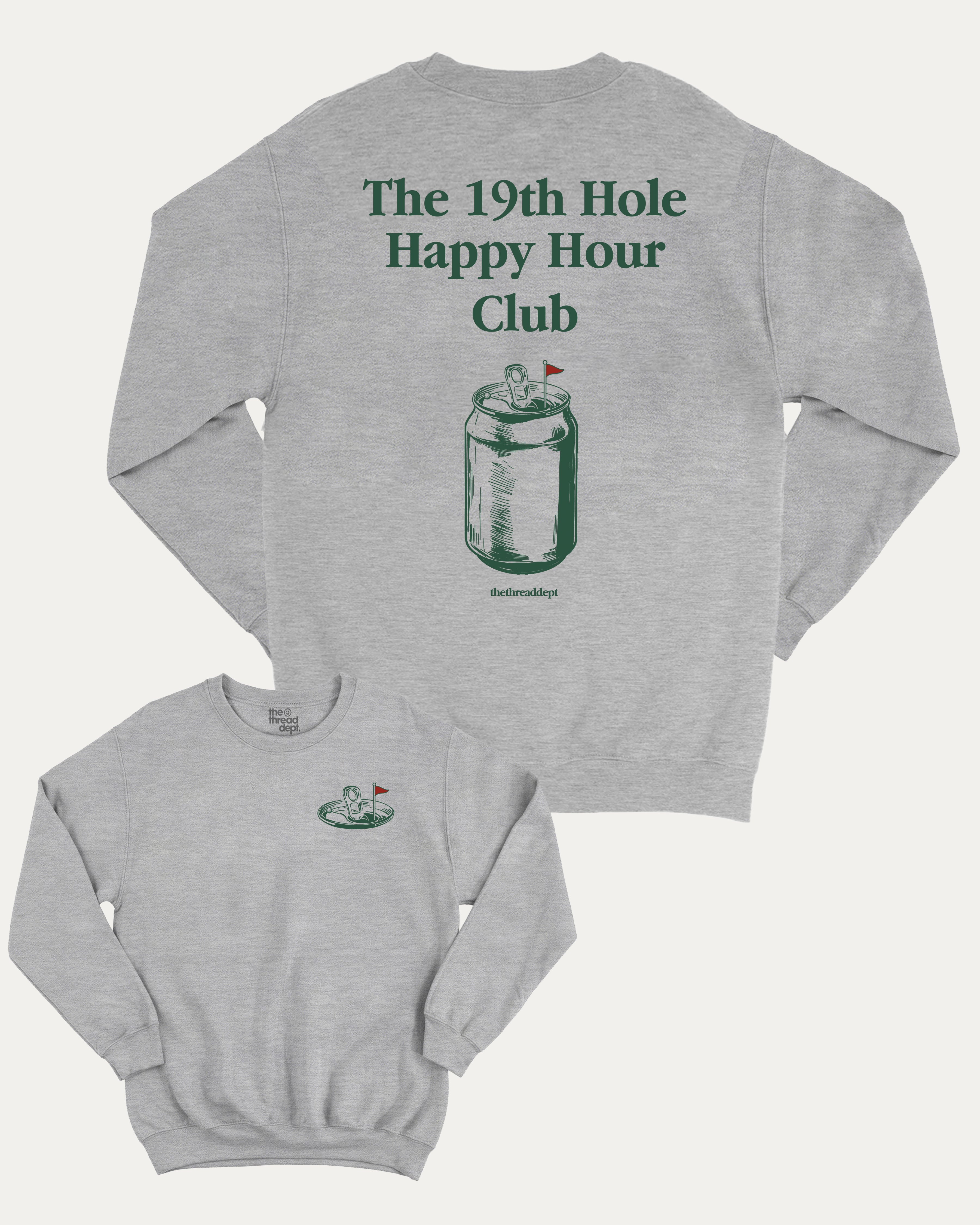 19Th Hole Happy Hour Club graphic sweatshirt with humor golf graphic, warm and cozy graphic for everyday wear. Perfect for adults and gift-giving. Heather Grey pullover.