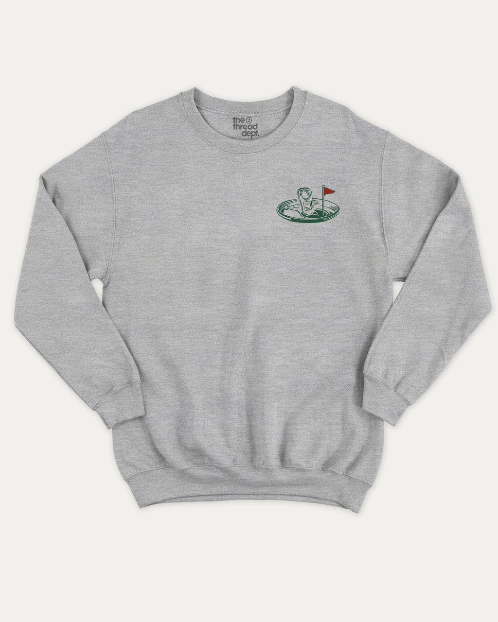 19Th Hole Happy Hour Club graphic sweatshirt with humor golf graphic, warm and cozy graphic for everyday wear. Perfect for adults and gift-giving. Heather Grey pullover.