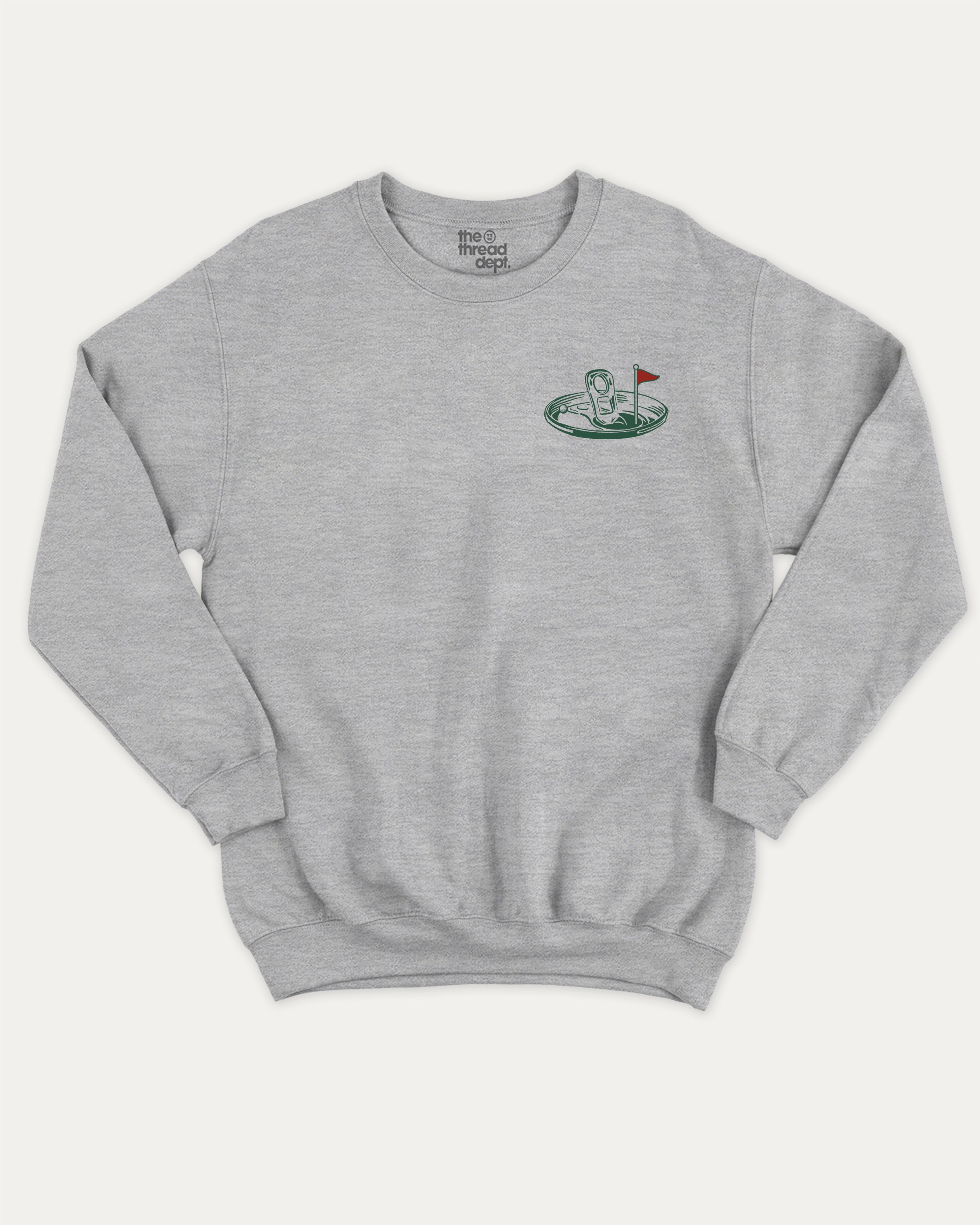 19Th Hole Happy Hour Club graphic sweatshirt with humor golf graphic, warm and cozy graphic for everyday wear. Perfect for adults and gift-giving. Heather Grey pullover.