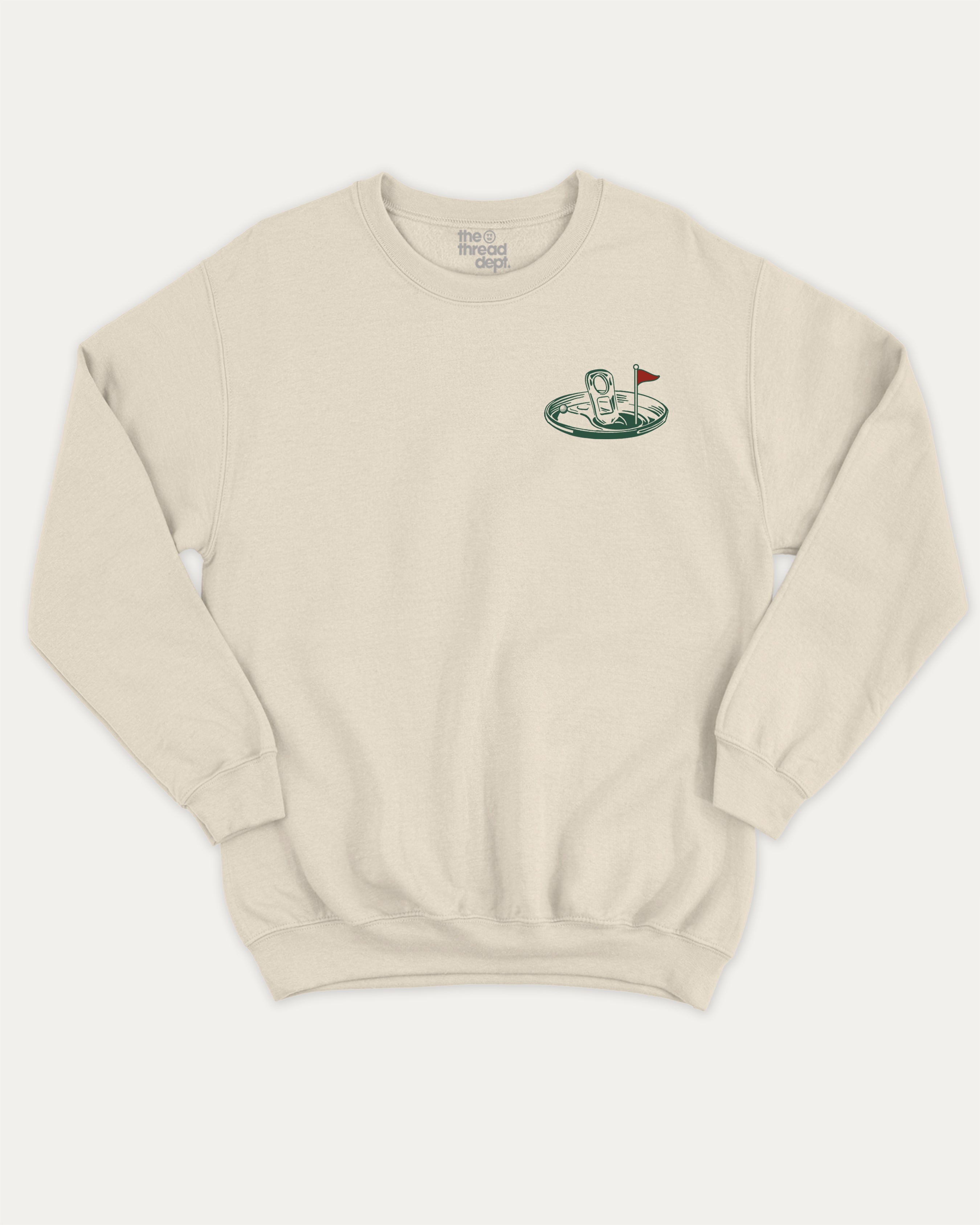 19Th Hole Happy Hour Club graphic sweatshirt with humor golf graphic, warm and cozy graphic for everyday wear. Perfect for adults and gift-giving. Natural pullover.