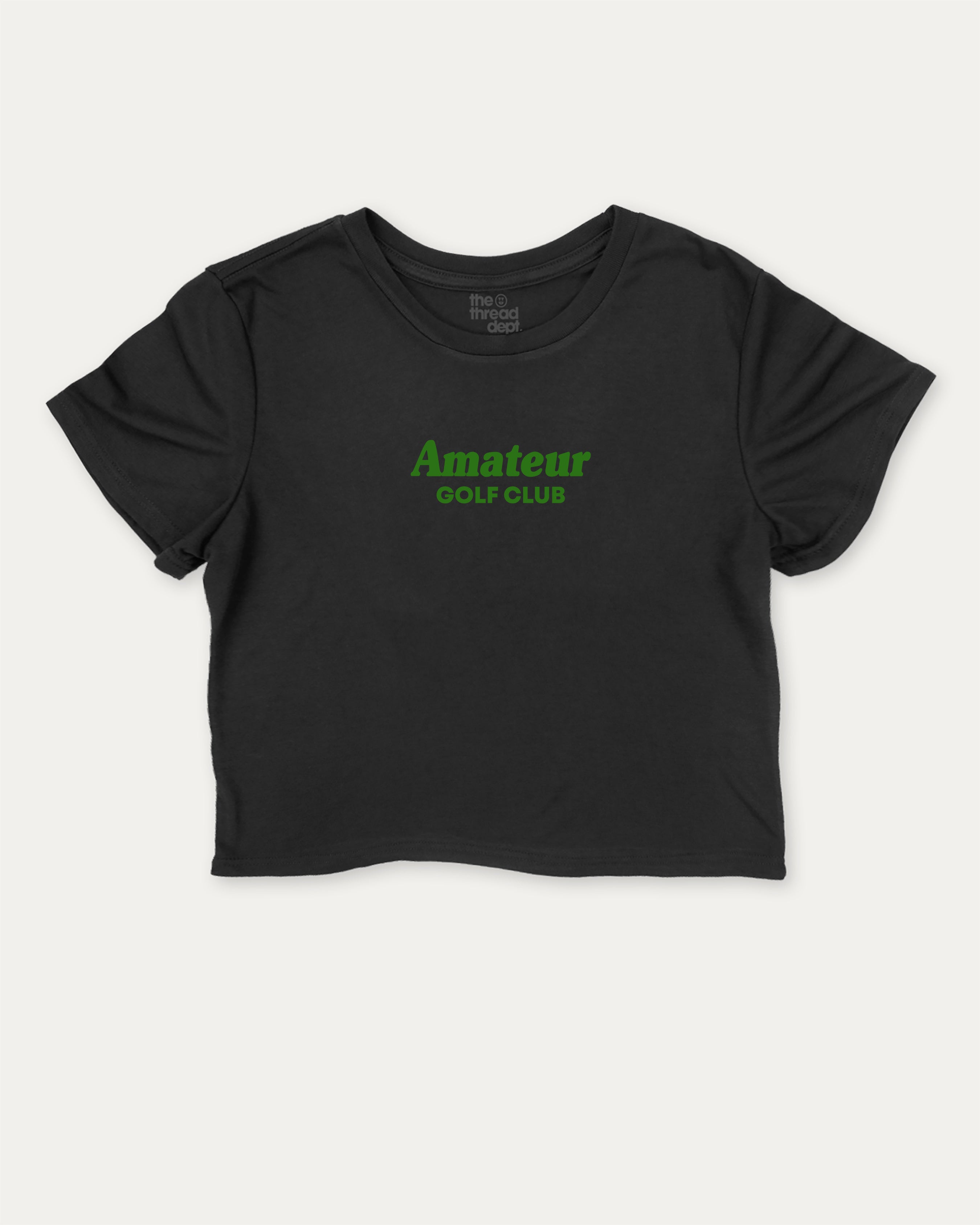 Amateur Golf Club graphic crop tee with funny and trendy slogan print, Golf Graphic T shirt, Perfect Gift for Golf Lover,  perfect for women’s casual looks or layering. Black crop t-shirt.