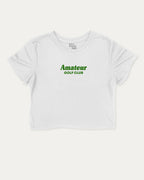 Amateur Golf Club graphic crop tee with funny and trendy slogan print, Golf Graphic T shirt, Perfect Gift for Golf Lover,  perfect for women’s casual looks or layering. White crop t-shirt.