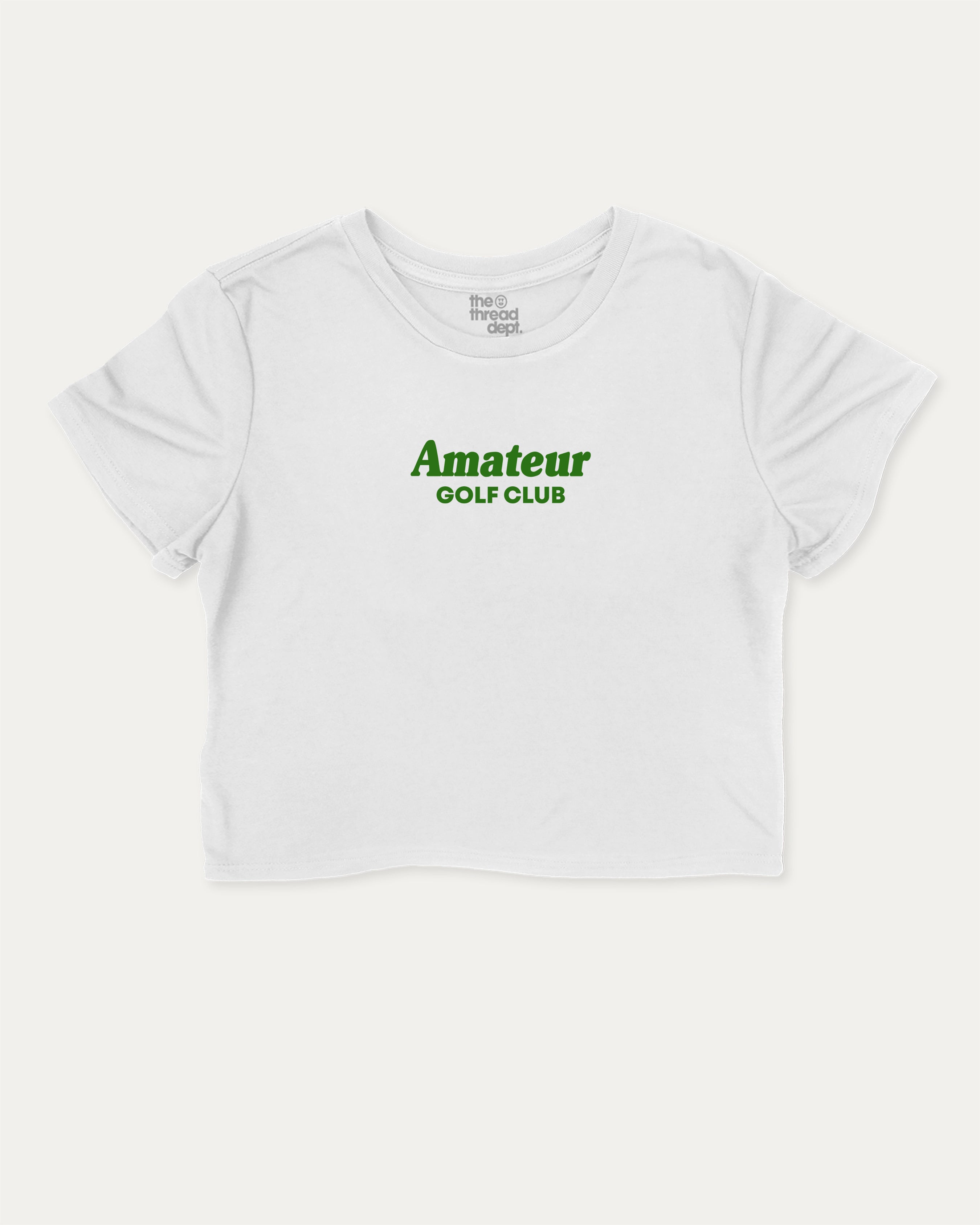Amateur Golf Club graphic crop tee with funny and trendy slogan print, Golf Graphic T shirt, Perfect Gift for Golf Lover,  perfect for women’s casual looks or layering. White crop t-shirt.