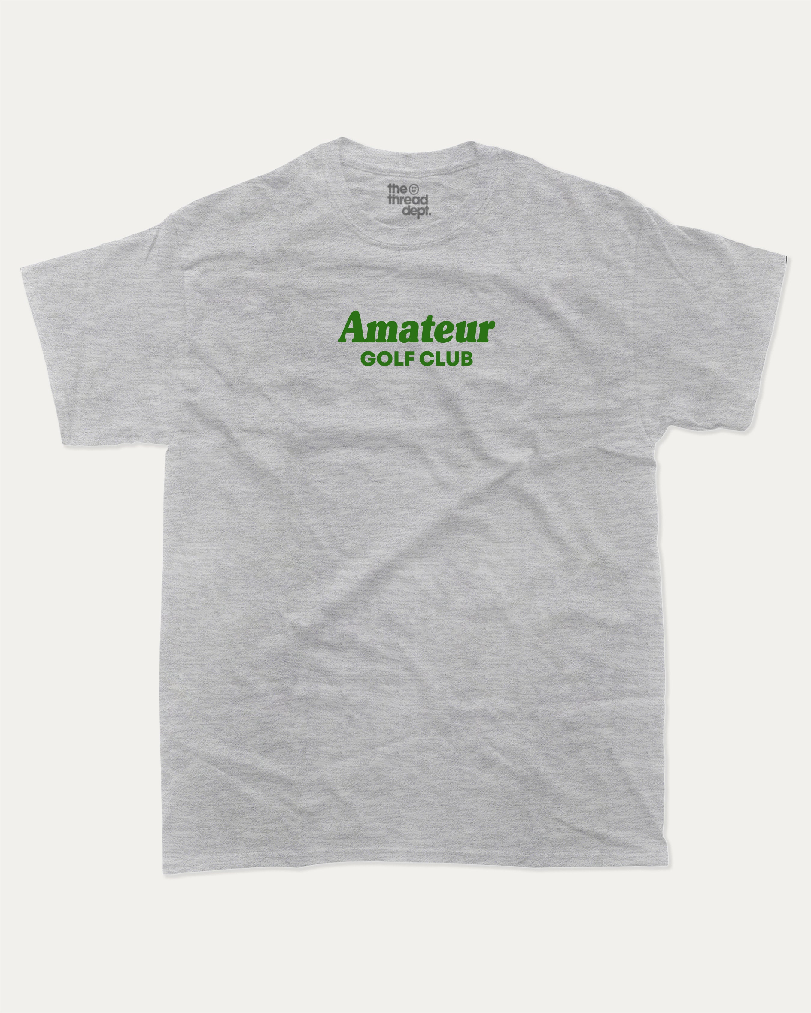 Amateur Golf Club graphic tee with bold and humorous print, Golf Graphic T shirt, Perfect Gift for Golf Lover,  funny and trendy graphic. Perfect for adults and gift-giving. Heather Grey shirt.