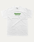 Amateur Golf Club graphic tee with bold and humorous print, Golf Graphic T shirt, Perfect Gift for Golf Lover,  funny and trendy graphic. Perfect for adults and gift-giving. White shirt.