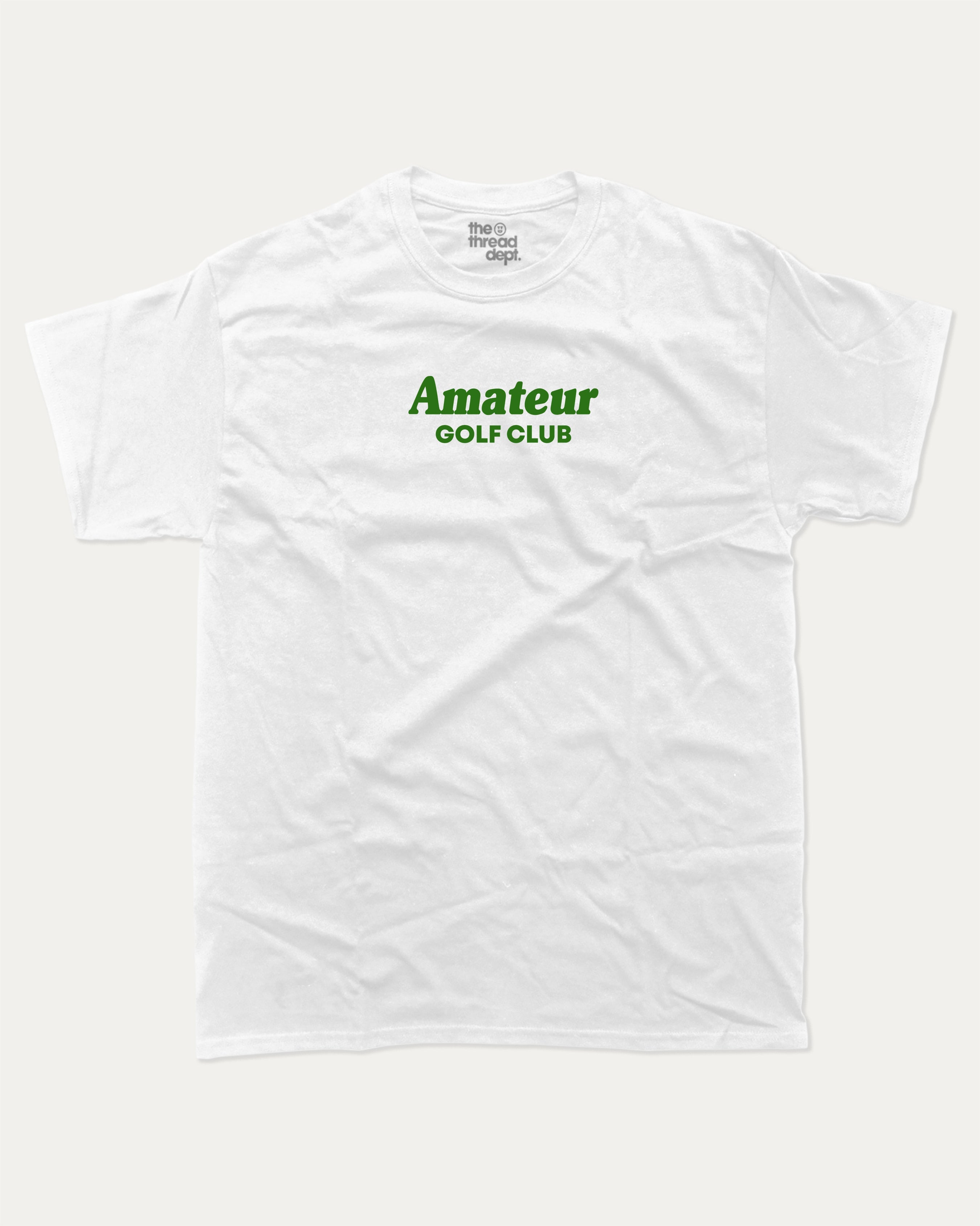 Amateur Golf Club graphic tee with bold and humorous print, Golf Graphic T shirt, Perfect Gift for Golf Lover,  funny and trendy graphic. Perfect for adults and gift-giving. White shirt.