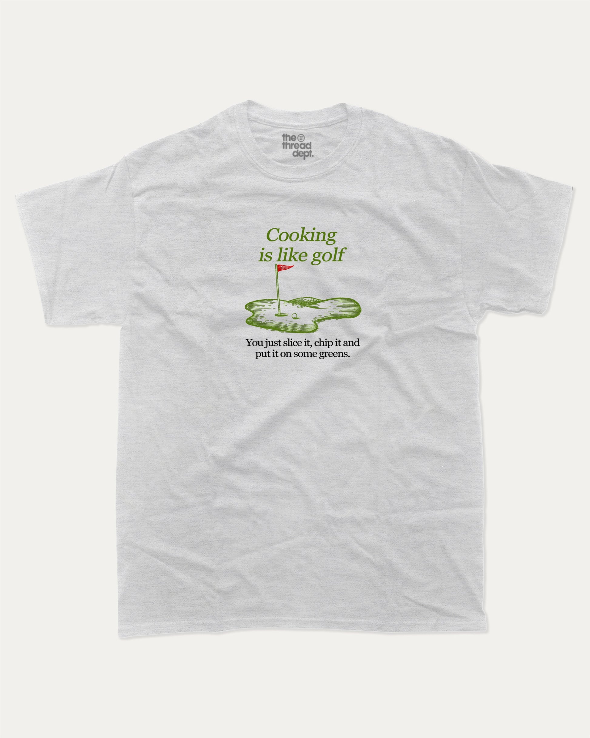Cooking is like golf graphic tee with bold and humorous print, funny and trendy graphic. Perfect Gift for Golfers, Golf Graphic T shirt, Perfect for adults and gift-giving. Ash Grey shirt.