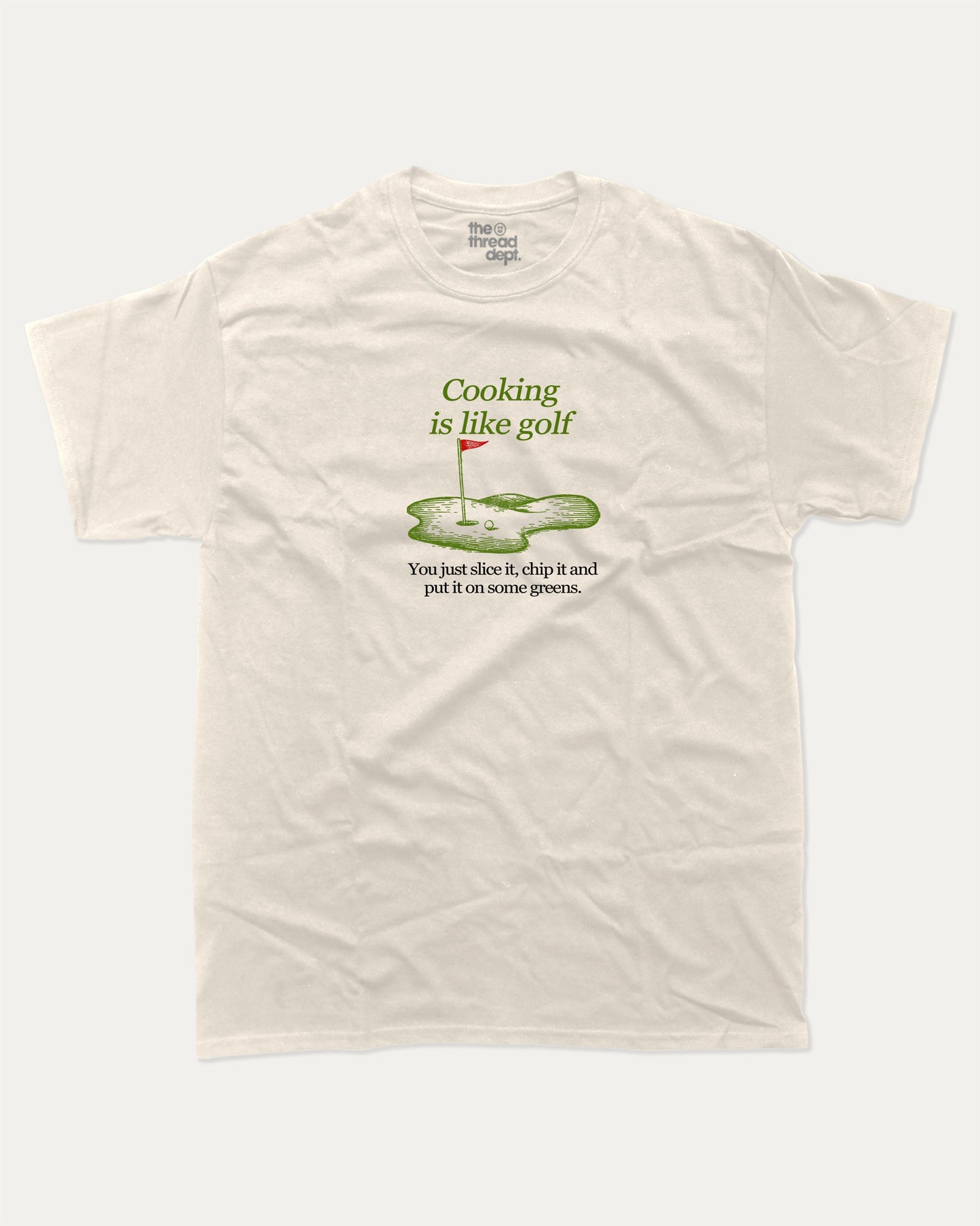 Cooking is like golf graphic tee with bold and humorous print, funny and trendy graphic. Perfect Gift for Golfers, Golf Graphic T shirt, Perfect for adults and gift-giving. Cream shirt.