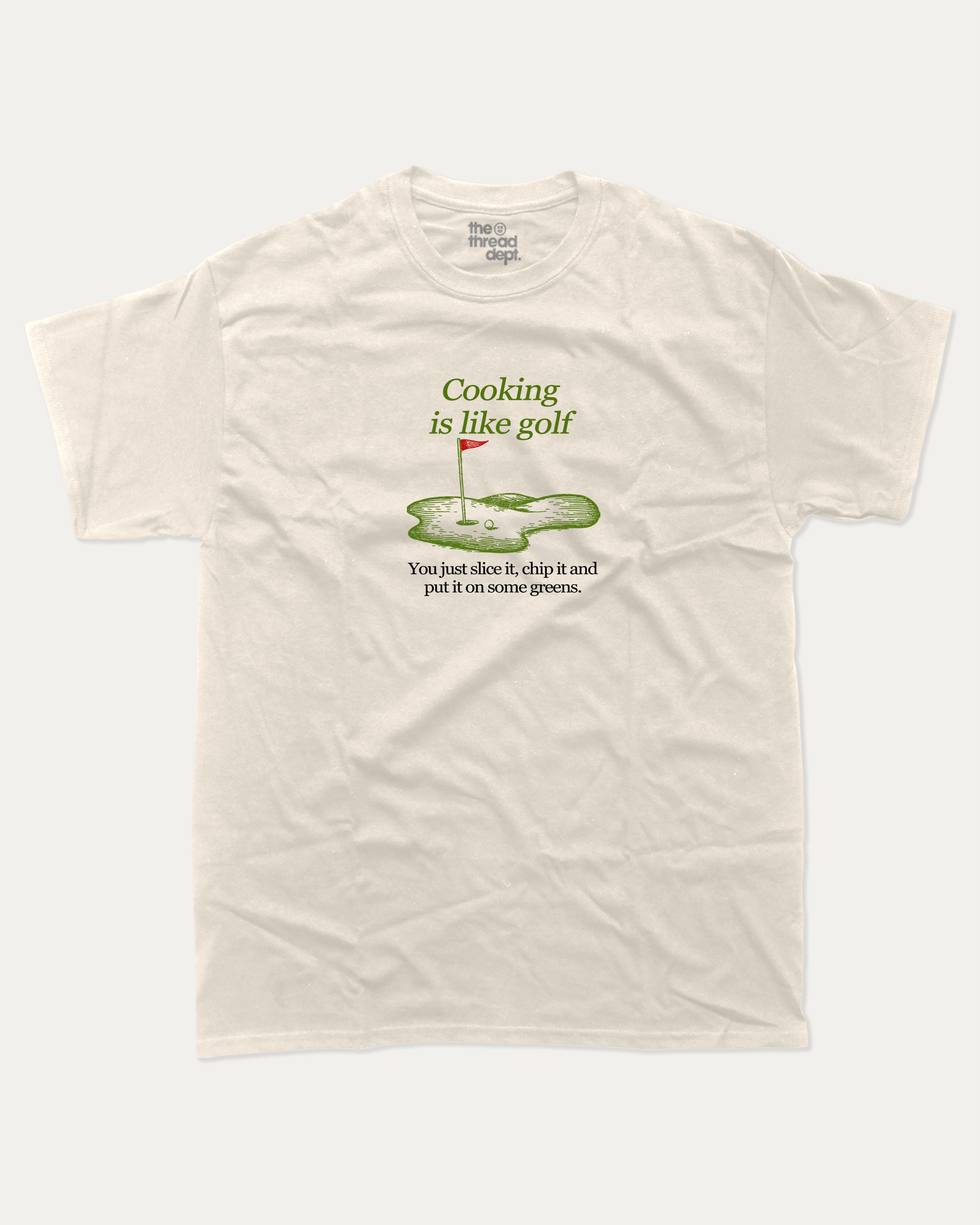Cooking is like golf graphic tee with bold and humorous print, funny and trendy graphic. Perfect Gift for Golfers, Golf Graphic T shirt, Perfect for adults and gift-giving. Cream shirt.