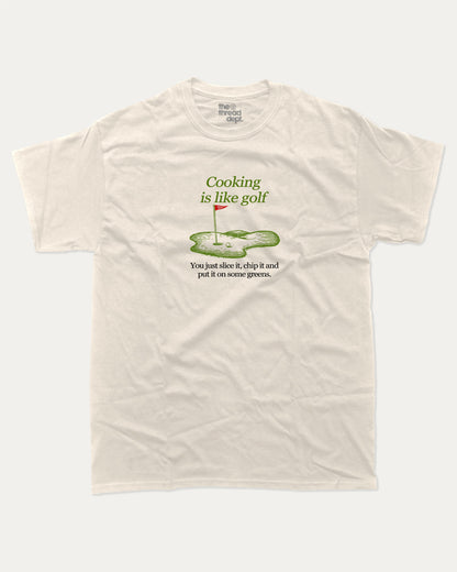 Cooking is like golf graphic tee with bold and humorous print, funny and trendy graphic. Perfect Gift for Golfers, Golf Graphic T shirt, Perfect for adults and gift-giving. Cream shirt.