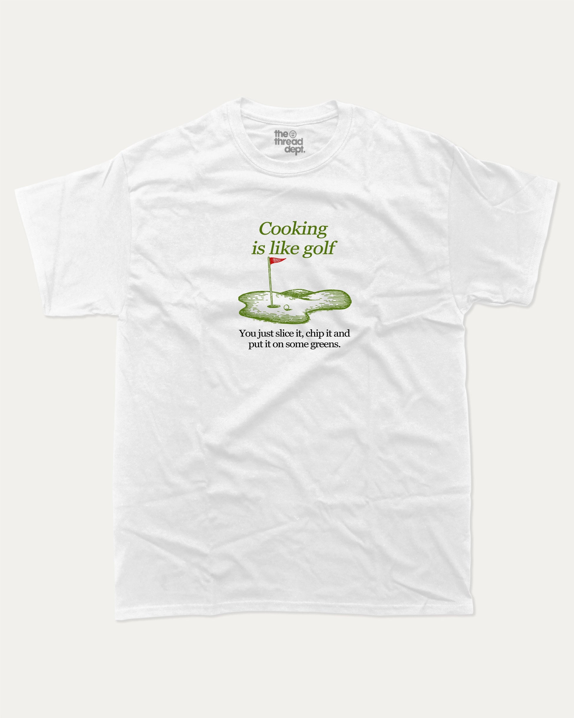 Cooking is like golf graphic tee with bold and humorous print, funny and trendy graphic. Perfect Gift for Golfers, Golf Graphic T shirt, Perfect for adults and gift-giving. White shirt.