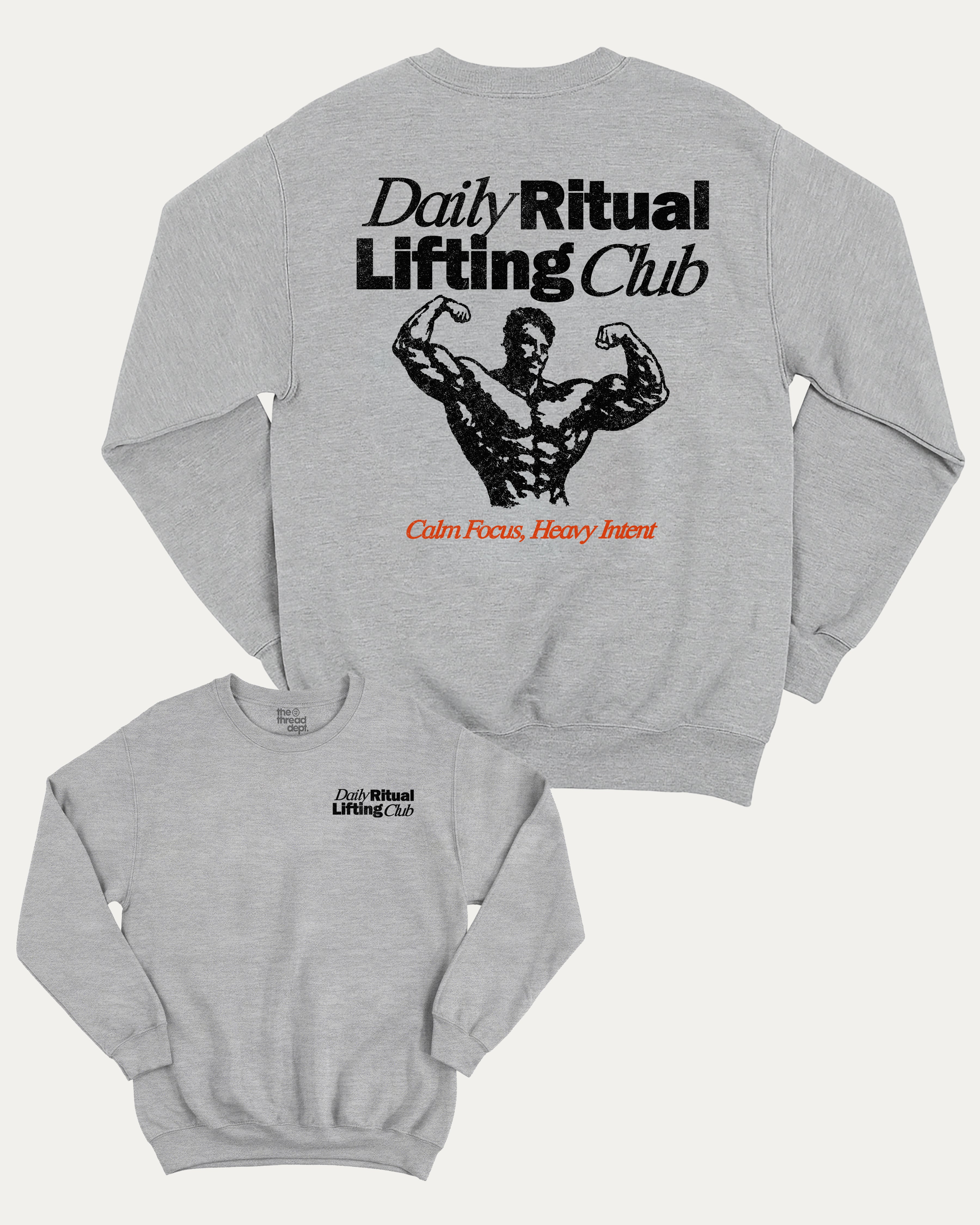 Daily Ritual Lifting Club graphic sweatshirt with gym and exercise print, warm and cozy graphic for everyday wear. Perfect for adults and gift-giving. Heather Grey pullover.