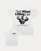 Daily Ritual Lifting Club graphic tee with gym and exercise print, funny and trendy graphic. Perfect for adults and gift-giving. White shirt.