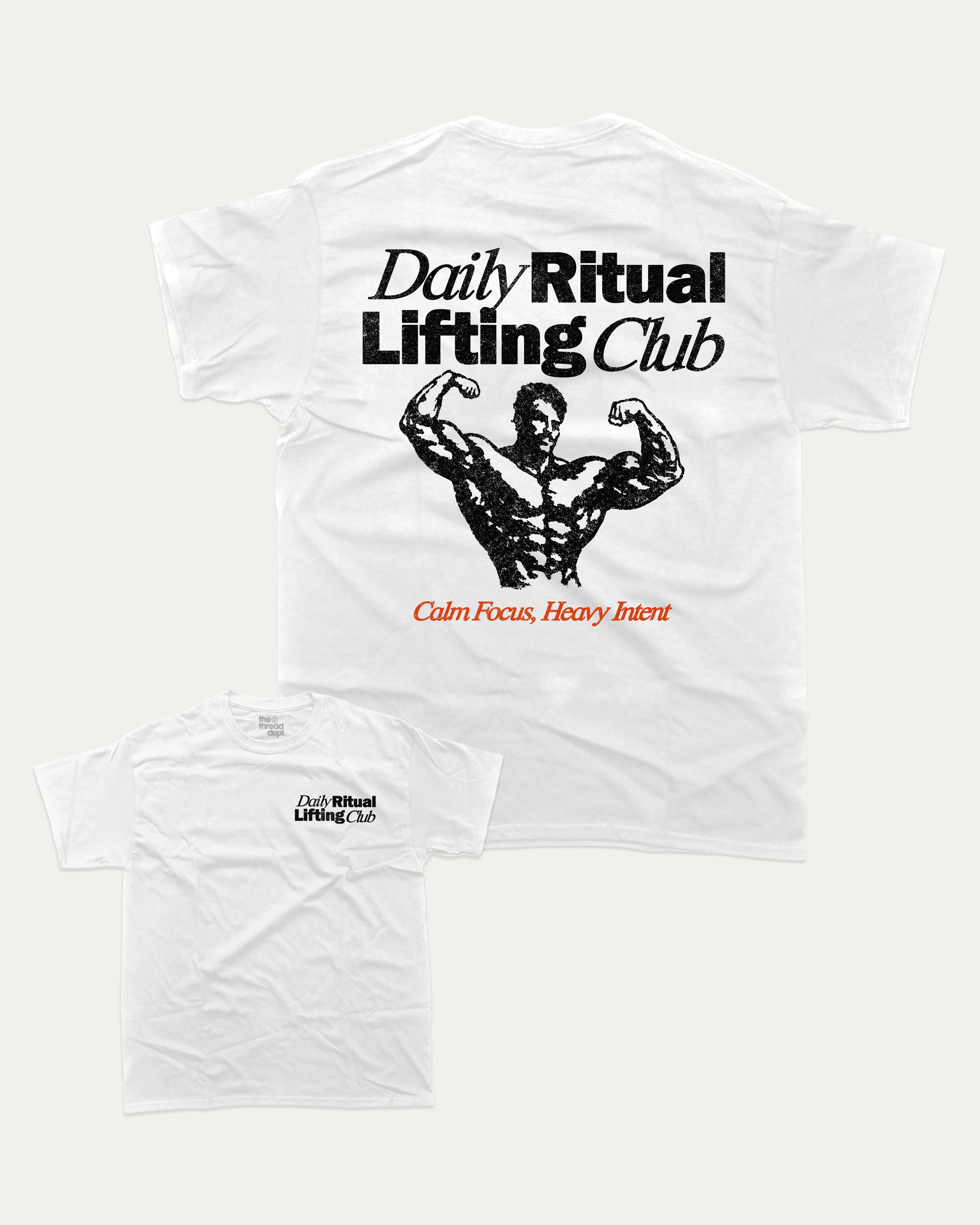 Daily Ritual Lifting Club graphic tee with gym and exercise print, funny and trendy graphic. Perfect for adults and gift-giving. White shirt.