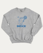 Deuce graphic sweatshirt with bold and humorous print, Tennis Graphic T shirt, Tennis Lover T shirt, warm and cozy graphic for everyday wear. Perfect for adults and gift-giving. Heather Grey pullover.