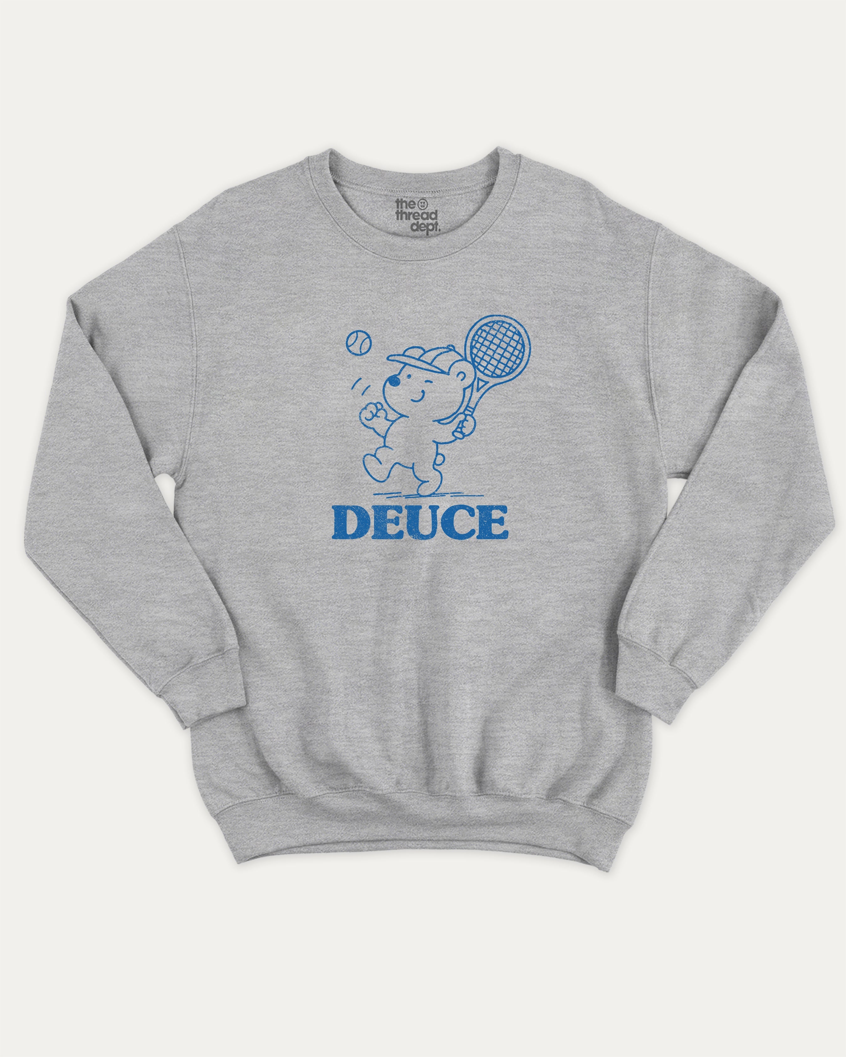 Deuce graphic sweatshirt with bold and humorous print, Tennis Graphic T shirt, Tennis Lover T shirt, warm and cozy graphic for everyday wear. Perfect for adults and gift-giving. Heather Grey pullover.