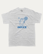 Deuce graphic tee with bold and humorous print, Tennis Graphic T shirt, Tennis Lover T shirt, funny and trendy graphic. Perfect for adults and gift-giving. Ash Grey shirt.