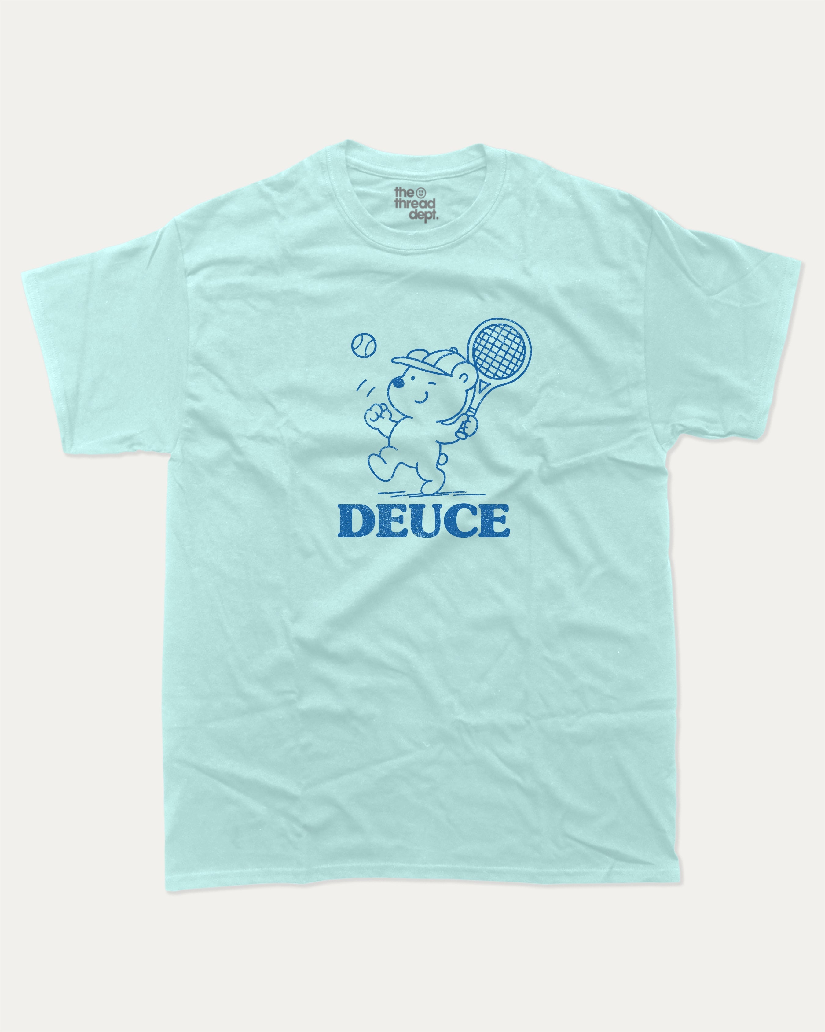 Deuce graphic tee with bold and humorous print, Tennis Graphic T shirt, Tennis Lover T shirt, funny and trendy graphic. Perfect for adults and gift-giving. Celadon shirt.