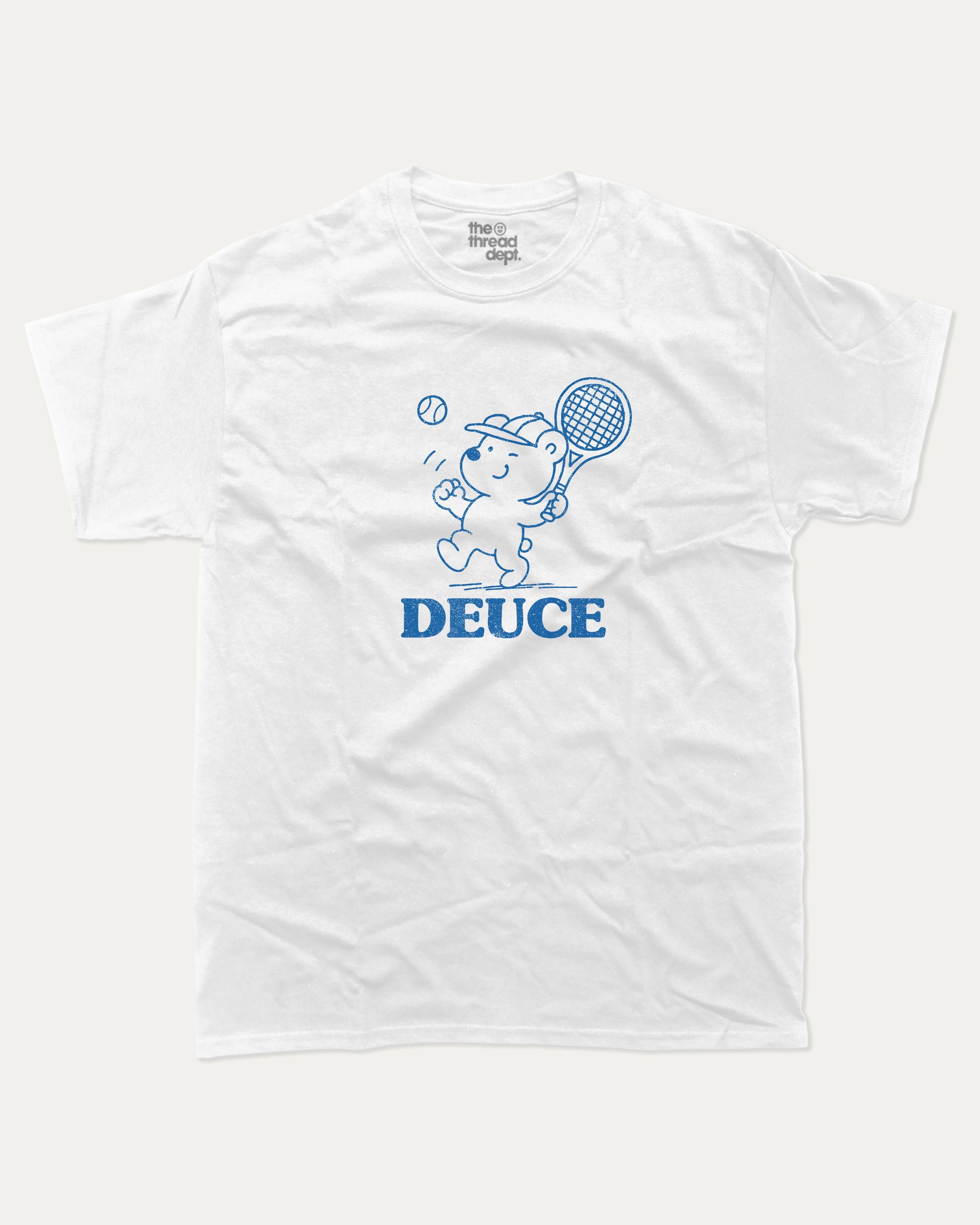 Deuce graphic tee with bold and humorous print, Tennis Graphic T shirt, Tennis Lover T shirt, funny and trendy graphic. Perfect for adults and gift-giving. White shirt.