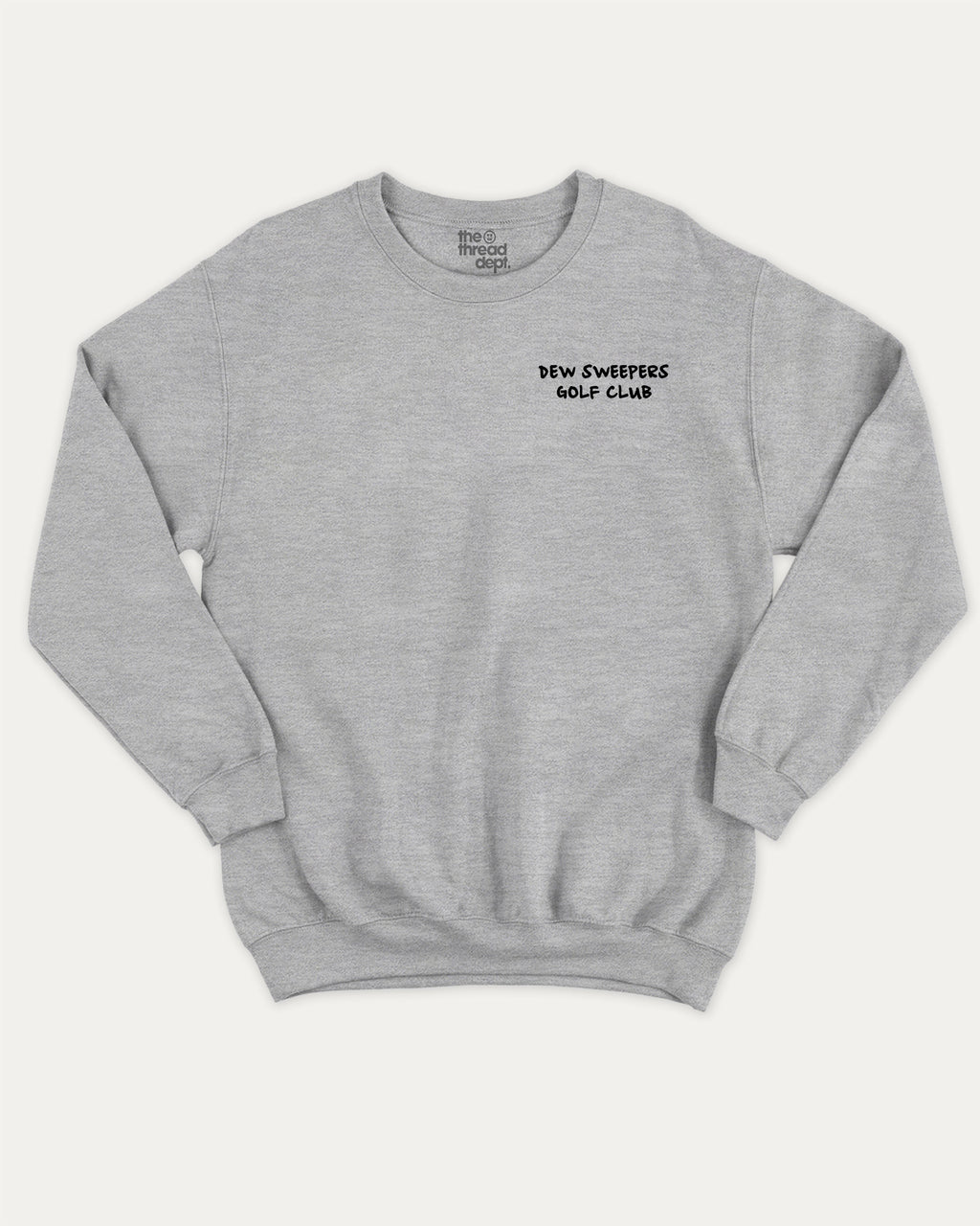 Dew Sweepers Golf Club graphic sweatshirt with funny golf saying print, warm and cozy graphic for everyday wear. Perfect for adults and gift-giving. Heather Grey pullover.