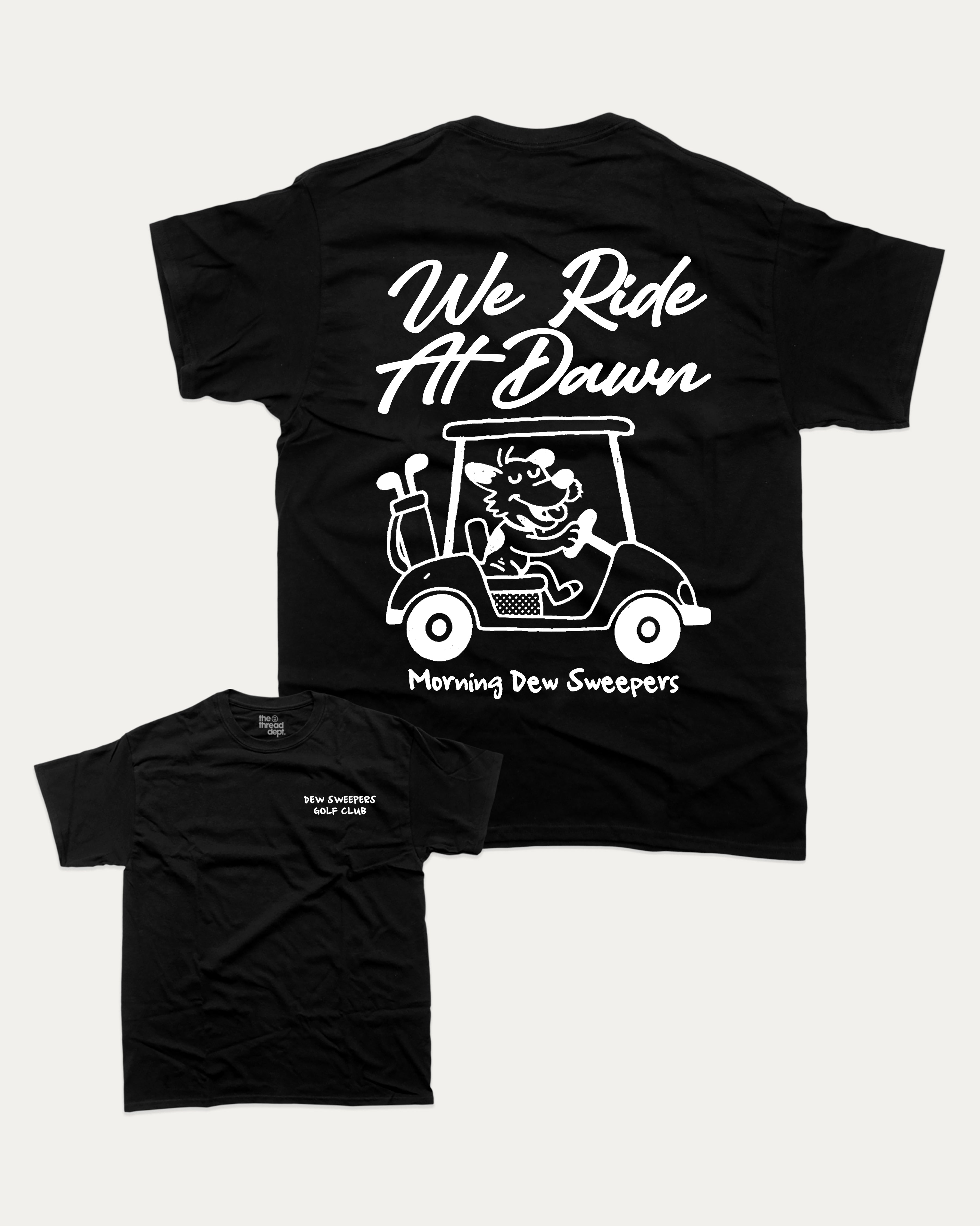 Dew Sweepers Golf Club graphic tee with funny golf saying print, funny and trendy golf graphic. Perfect for adults and gift-giving. Black shirt.
