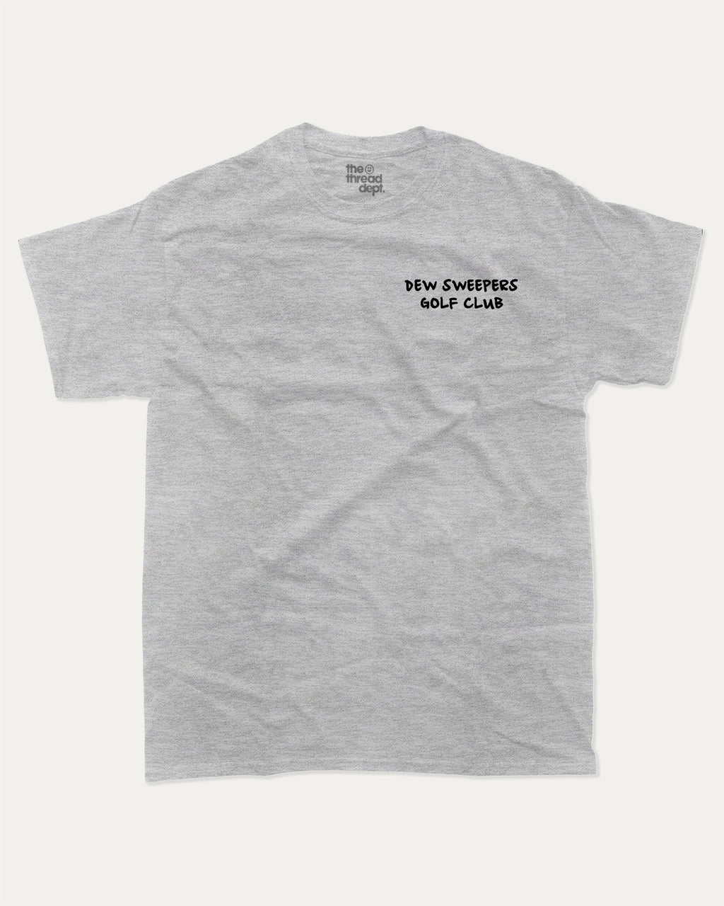 Dew Sweepers Golf Club graphic tee with funny golf saying print, funny and trendy golf graphic. Perfect for adults and gift-giving. Heather Grey shirt.