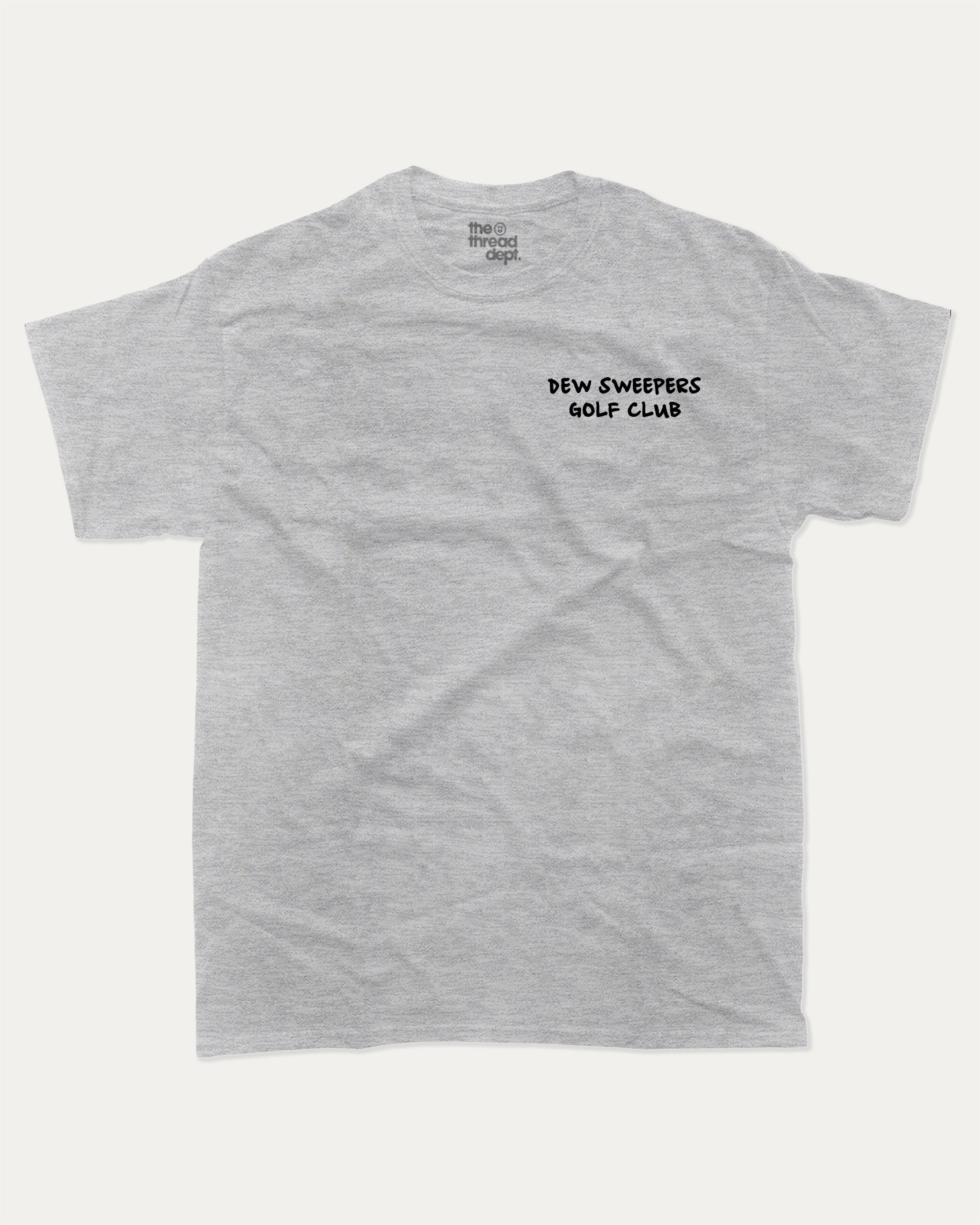 Dew Sweepers Golf Club graphic tee with funny golf saying print, funny and trendy golf graphic. Perfect for adults and gift-giving. Heather Grey shirt.