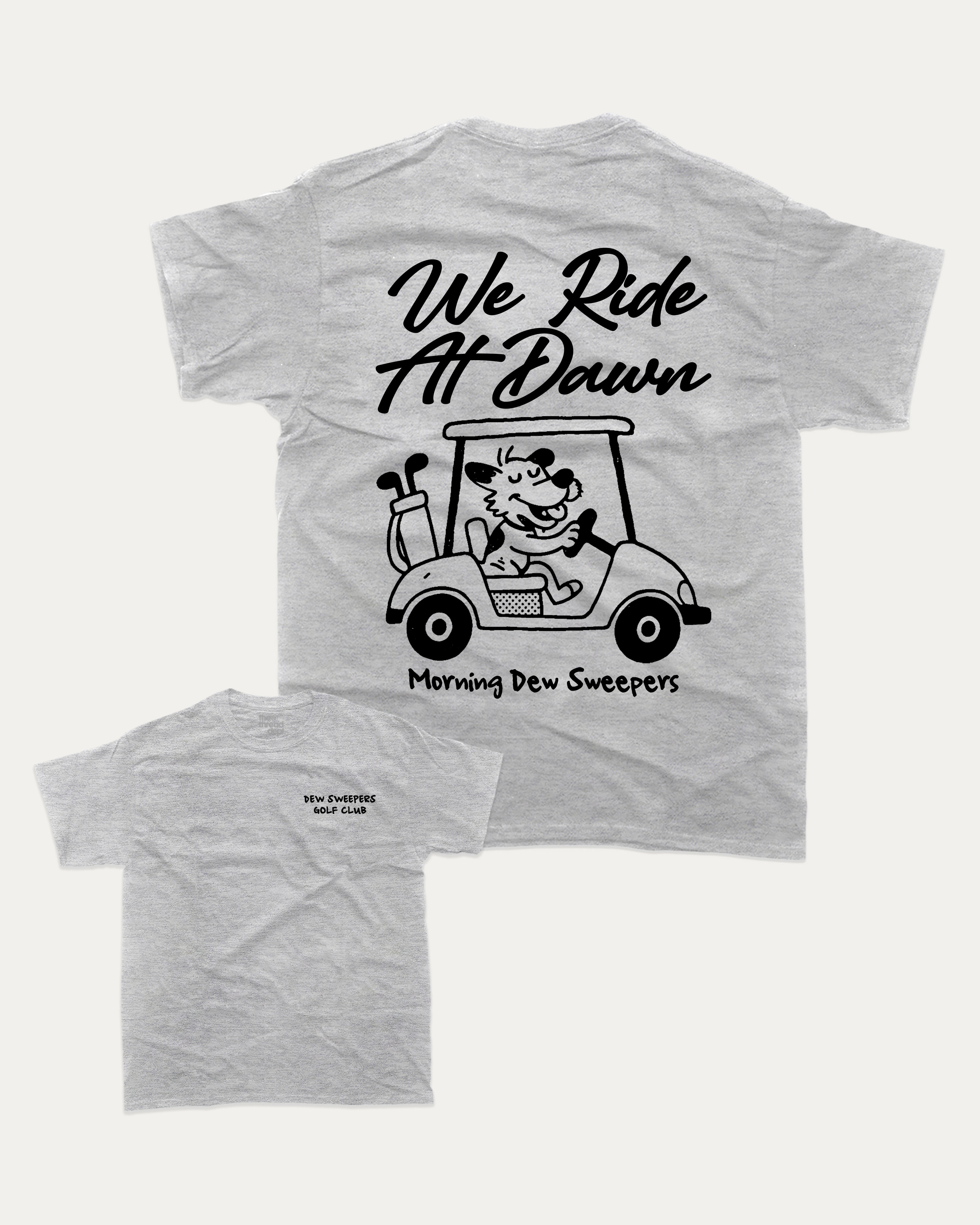 Dew Sweepers Golf Club graphic tee with funny golf saying print, funny and trendy golf graphic. Perfect for adults and gift-giving. Heather Grey shirt.