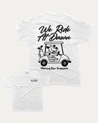 Dew Sweepers Golf Club graphic tee with funny golf saying print, funny and trendy golf graphic. Perfect for adults and gift-giving. White shirt.