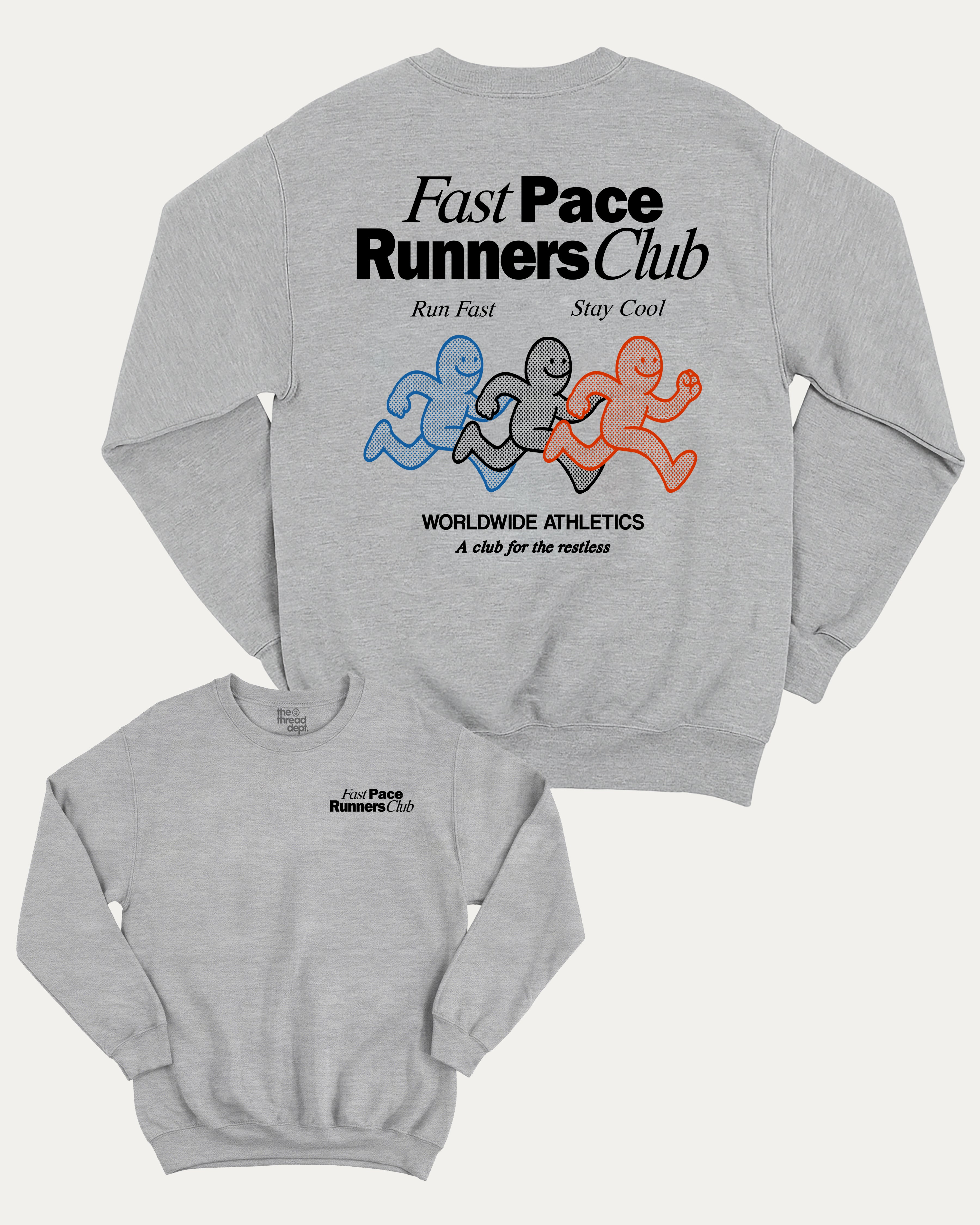 Fast Pace Runners Club graphic sweatshirt with bold and humorous print, Perfect Gift for Runners, Running Crew Graphic T shirt,  warm and cozy graphic for everyday wear. Perfect for adults and gift-giving. Heather Grey pullover.