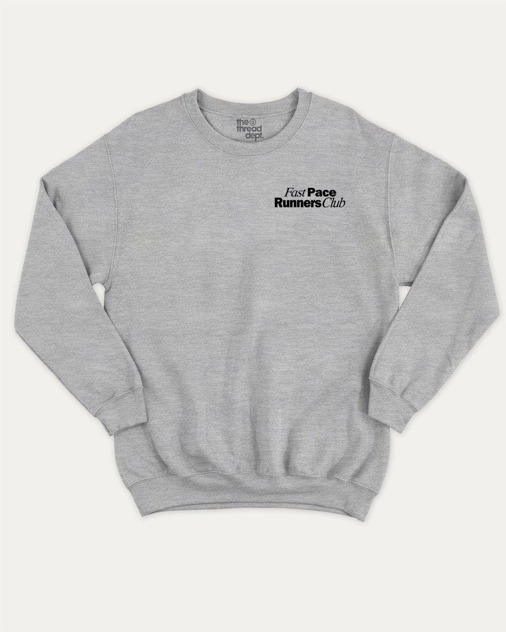 Fast Pace Runners Club graphic sweatshirt with bold and humorous print, Perfect Gift for Runners, Running Crew Graphic T shirt,  warm and cozy graphic for everyday wear. Perfect for adults and gift-giving. Heather Grey pullover.