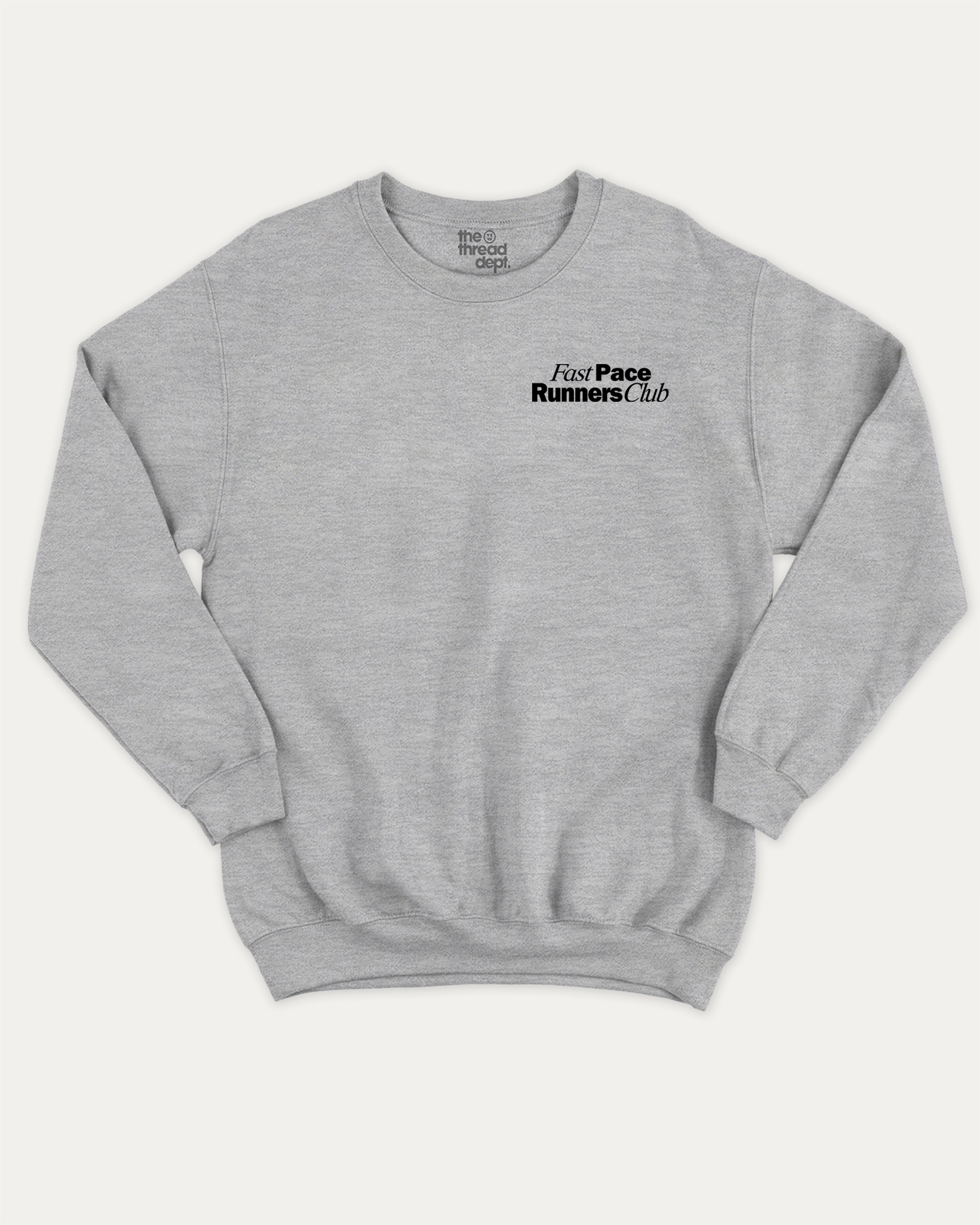 Fast Pace Runners Club graphic sweatshirt with bold and humorous print, Perfect Gift for Runners, Running Crew Graphic T shirt,  warm and cozy graphic for everyday wear. Perfect for adults and gift-giving. Heather Grey pullover.