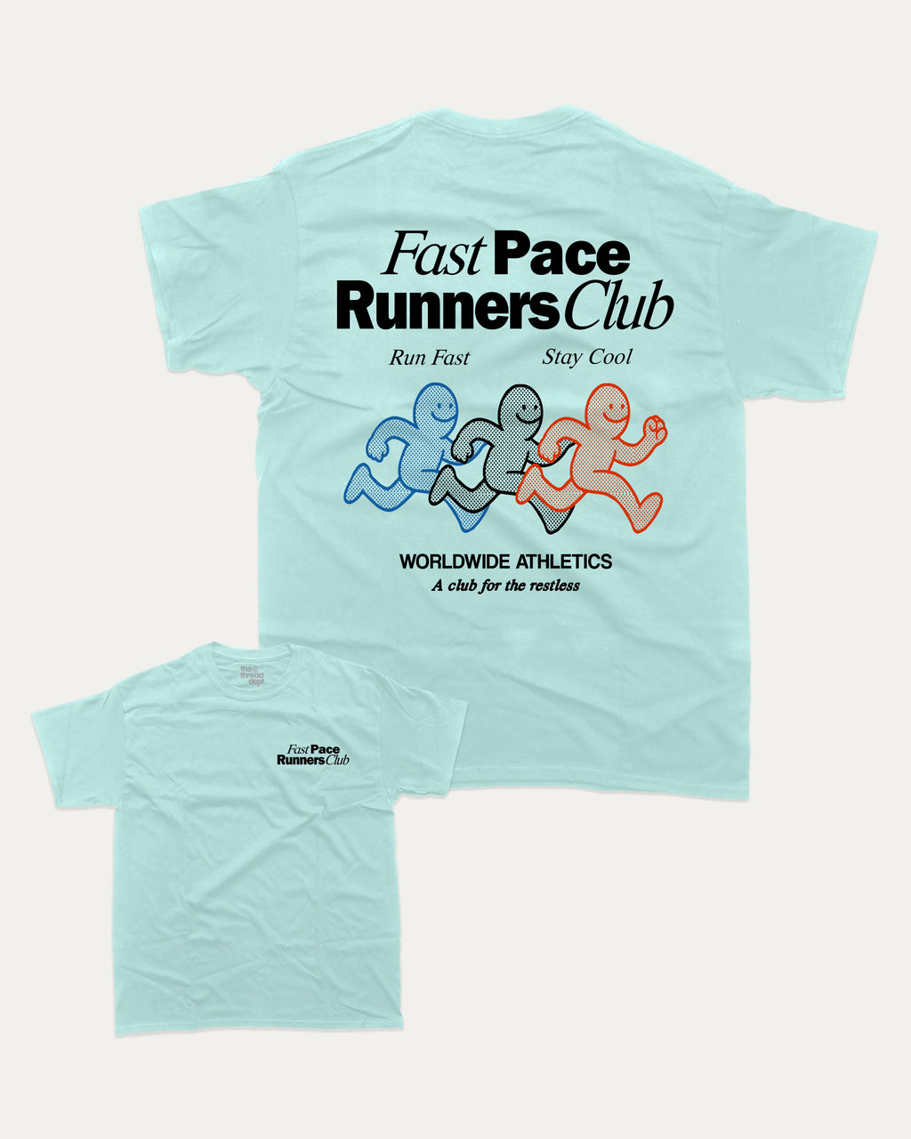 Fast Pace Runners Club graphic tee with bold and humorous print, Perfect Gift for Runners, Running Crew Graphic T shirt,  funny and trendy graphic. Perfect for adults and gift-giving. Celadon shirt.