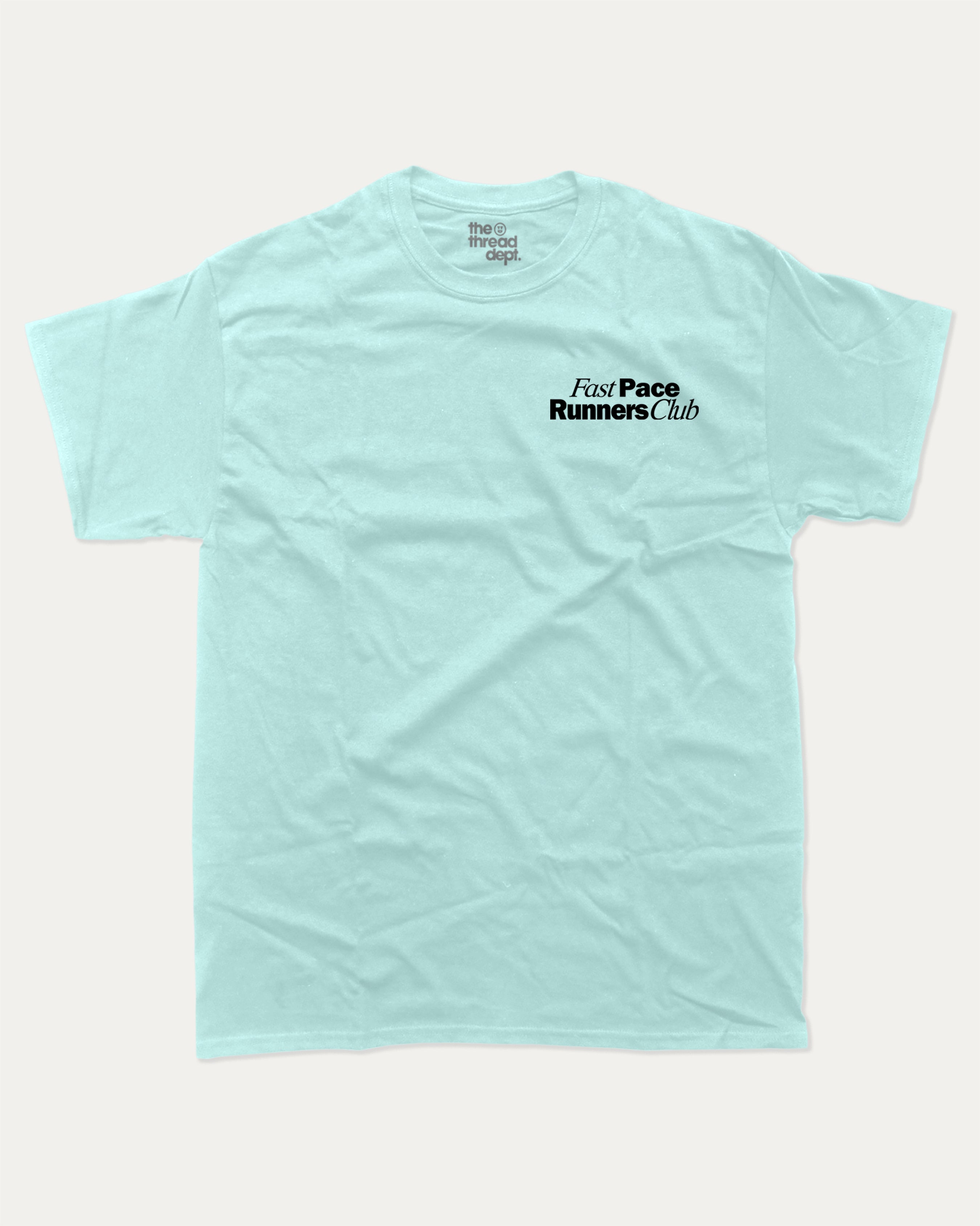 Fast Pace Runners Club graphic tee with bold and humorous print, Perfect Gift for Runners, Running Crew Graphic T shirt,  funny and trendy graphic. Perfect for adults and gift-giving. Celadon shirt.