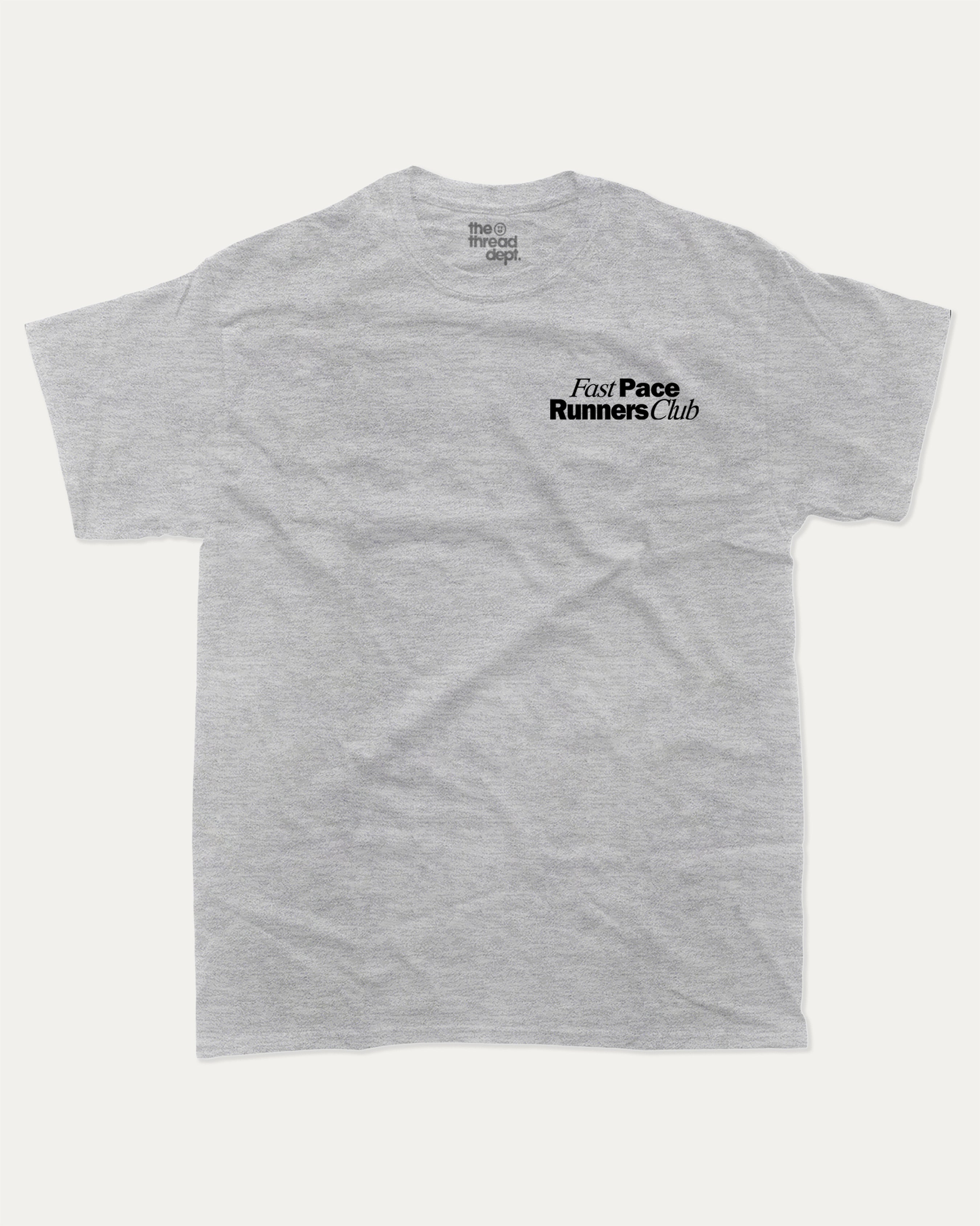 Fast Pace Runners Club graphic tee with bold and humorous print, Perfect Gift for Runners, Running Crew Graphic T shirt,  funny and trendy graphic. Perfect for adults and gift-giving. Heather Grey shirt.
